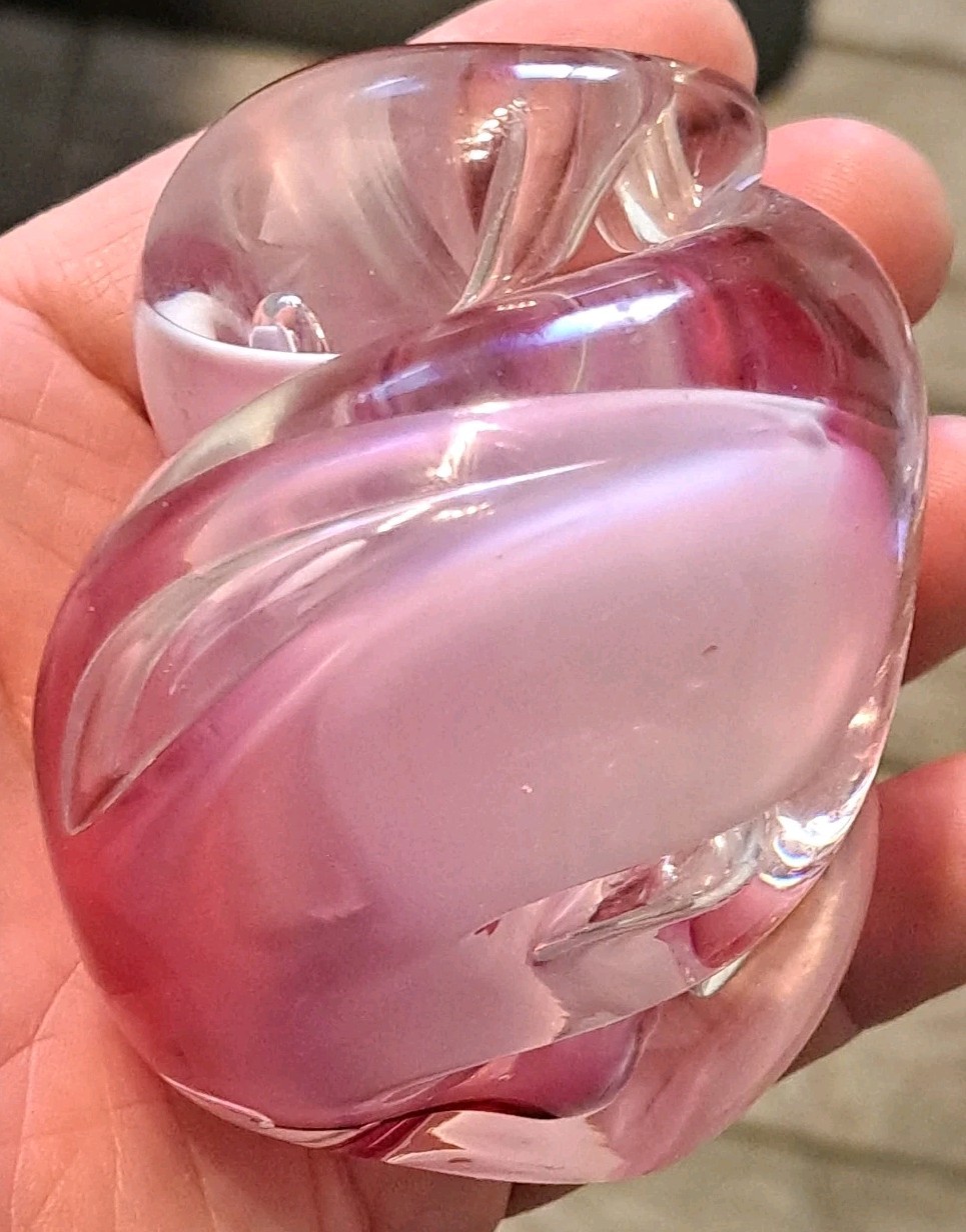 Pink Purple Clear Art Glass Paperweight Nautilus Shell Swirl 3 1/4” Signed