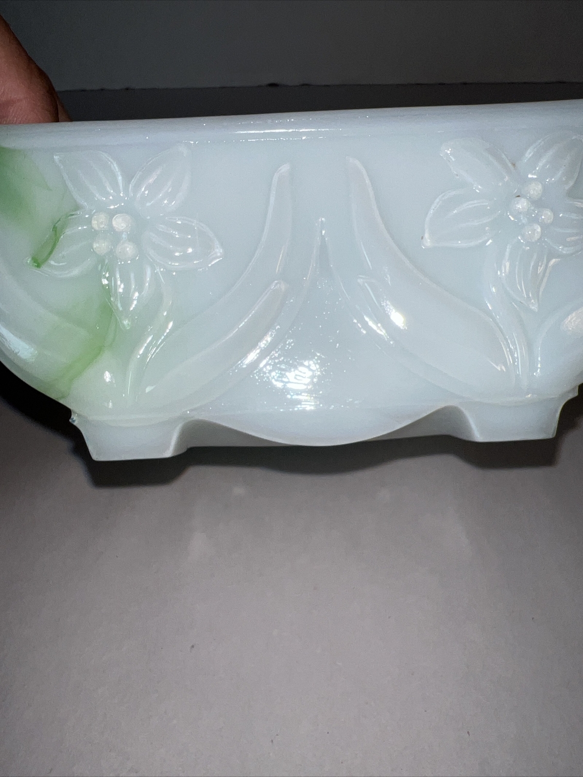 Vintage Akro Agate Green And White Slag Glass Footed Planter With Daisies