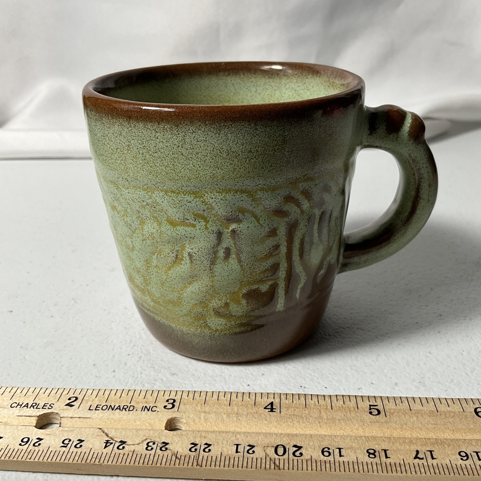 Handmade Studio Pottery Mug Green Brown Drip Glaze Textured Ceramic Coffee Cup
