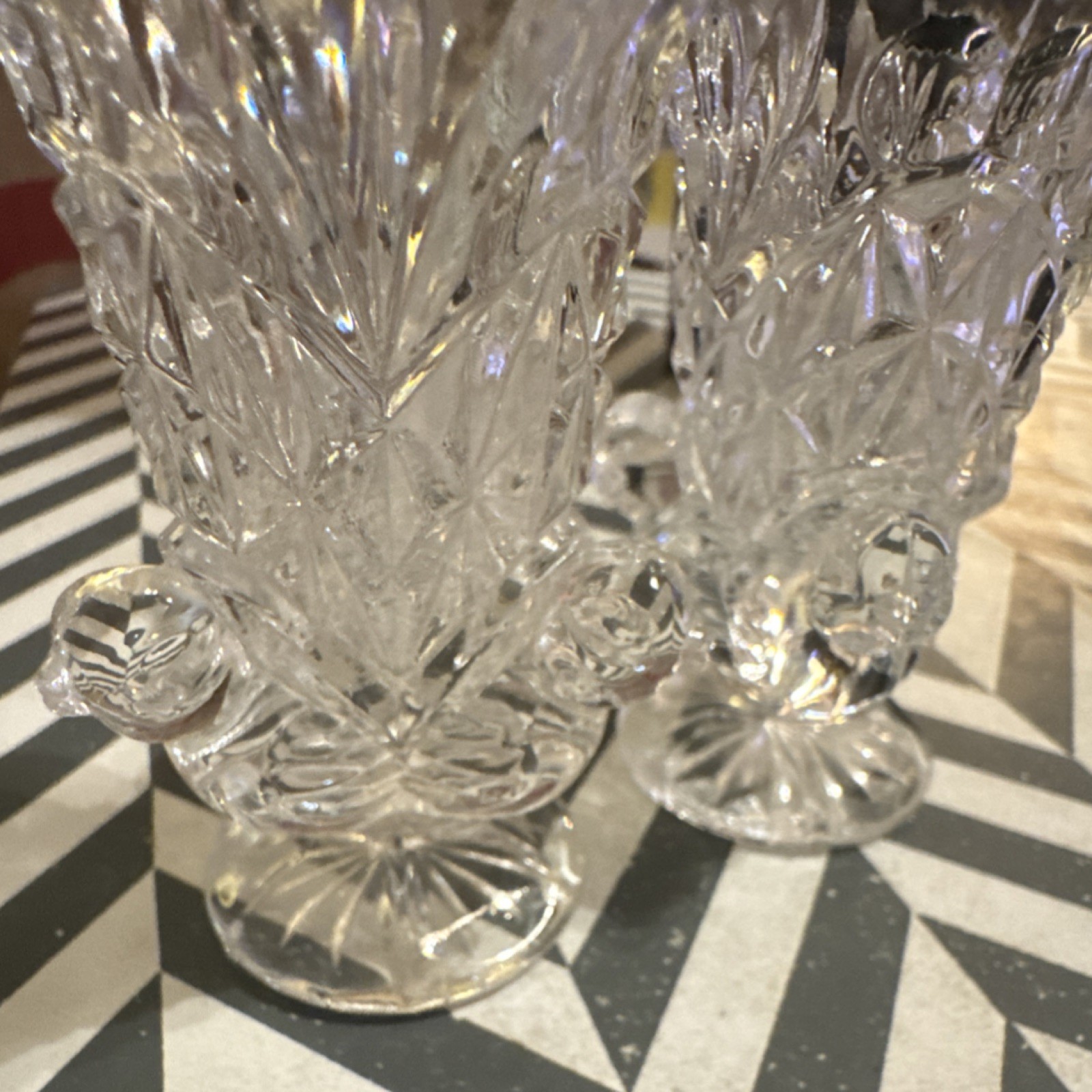 Pair of Clear Glass Diamond Pattern Mini Vases/Candle Stick Holders Crystal?