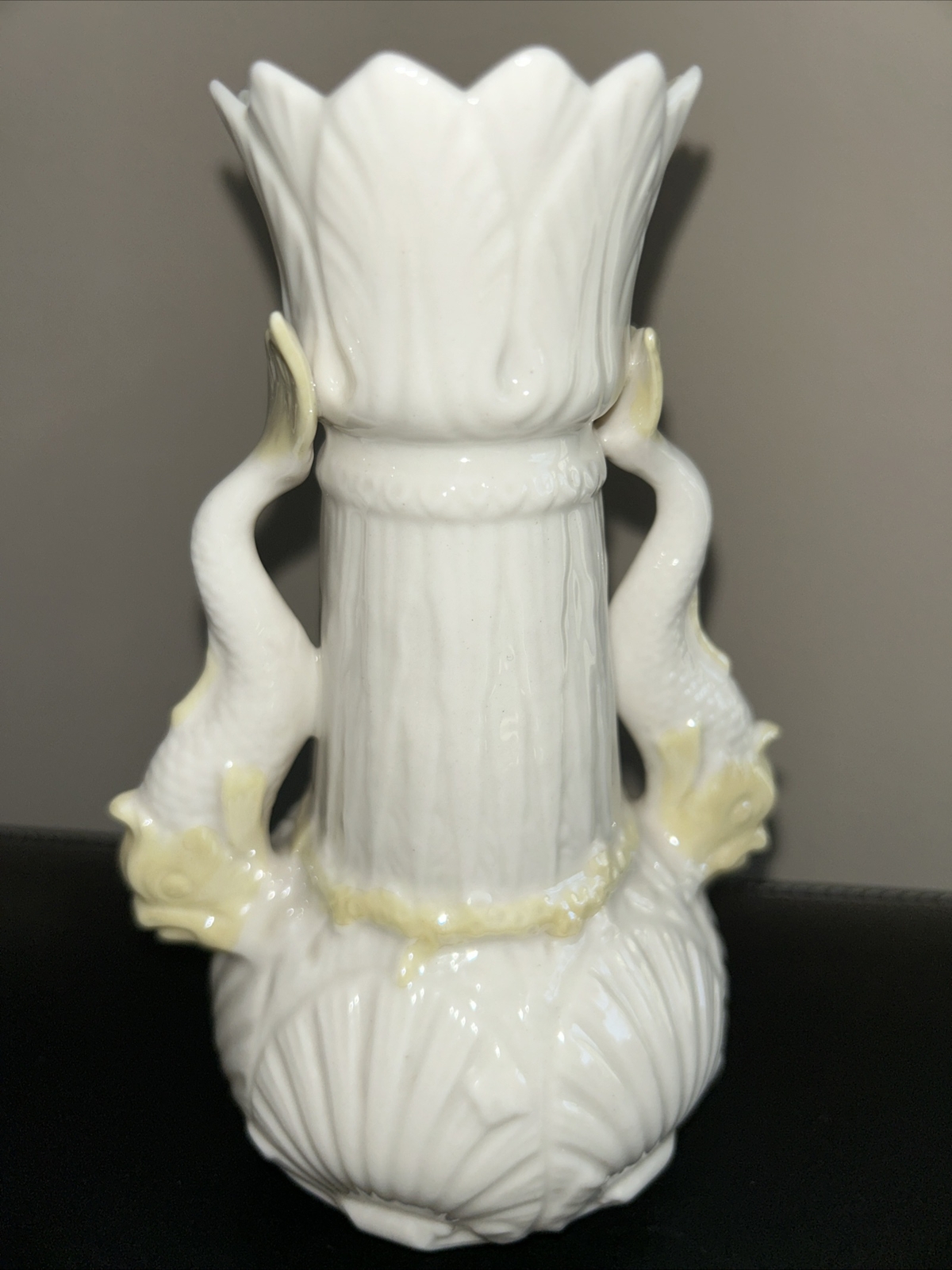 Vintage Belleek Dolphin Fish Handle Yellow Luster 6 1/2” Vase