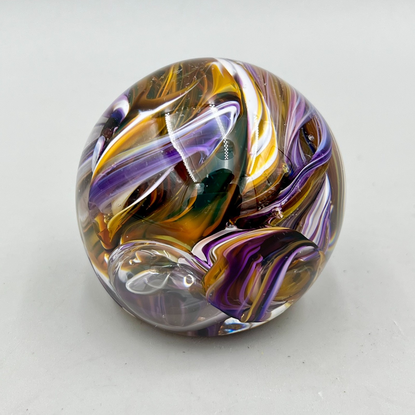 Art Glass Scramble Paperweight Hand Blown Brown & Purple Swirl 2.5″ Round