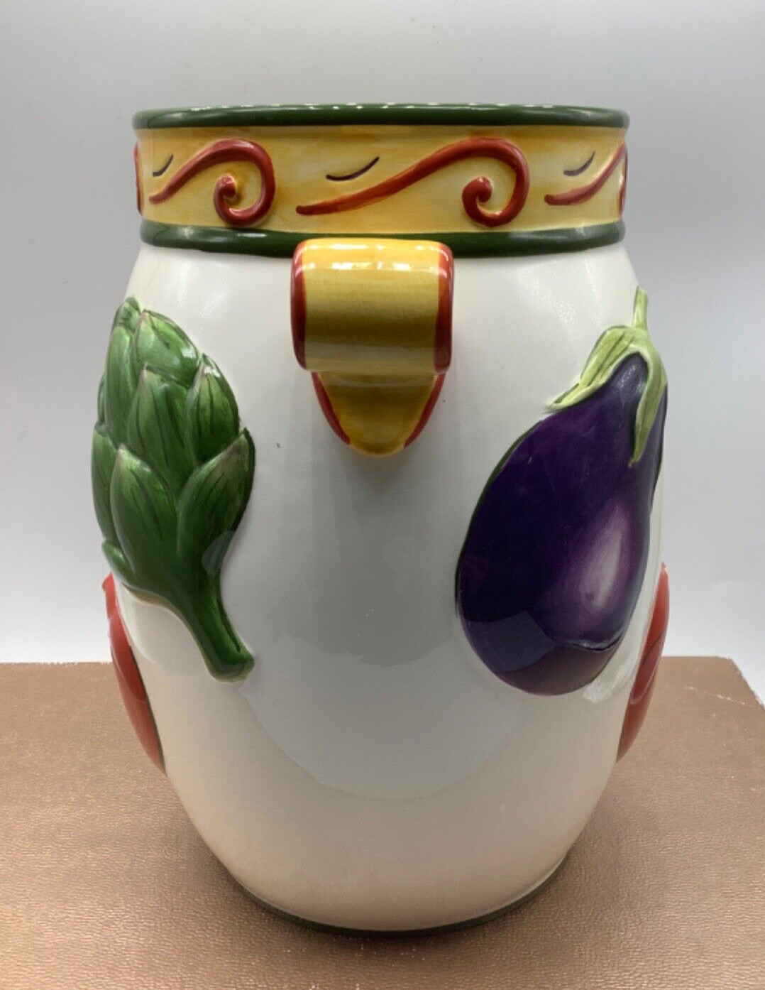 Clay Art Roma Vegetables Hand Painted Vase Utensil Holder Crock Jar Stonelite 8”