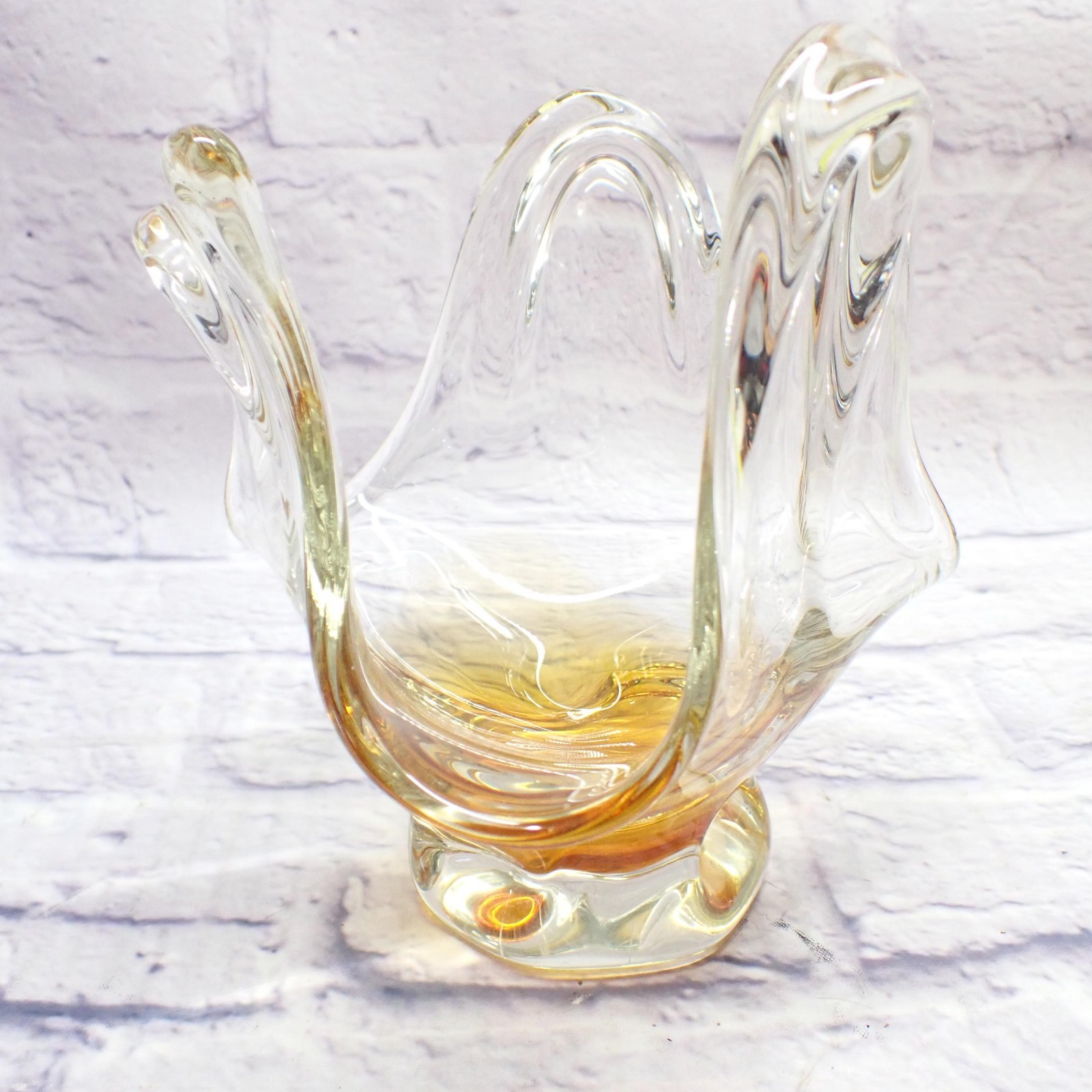 vtg Hand Blown Art Glass Freeform Ruffled Vase Gold Pedestal Table Decor Display