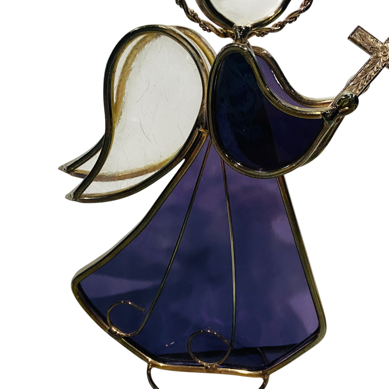 Vtg Stained Glass Purple Angel Figurine Crystal Head Embossed Cross Signed ’93
