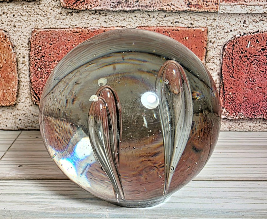 Art Glass Clear Round Sphere Paperweight With Large Teardrop Bubbles 2.5″