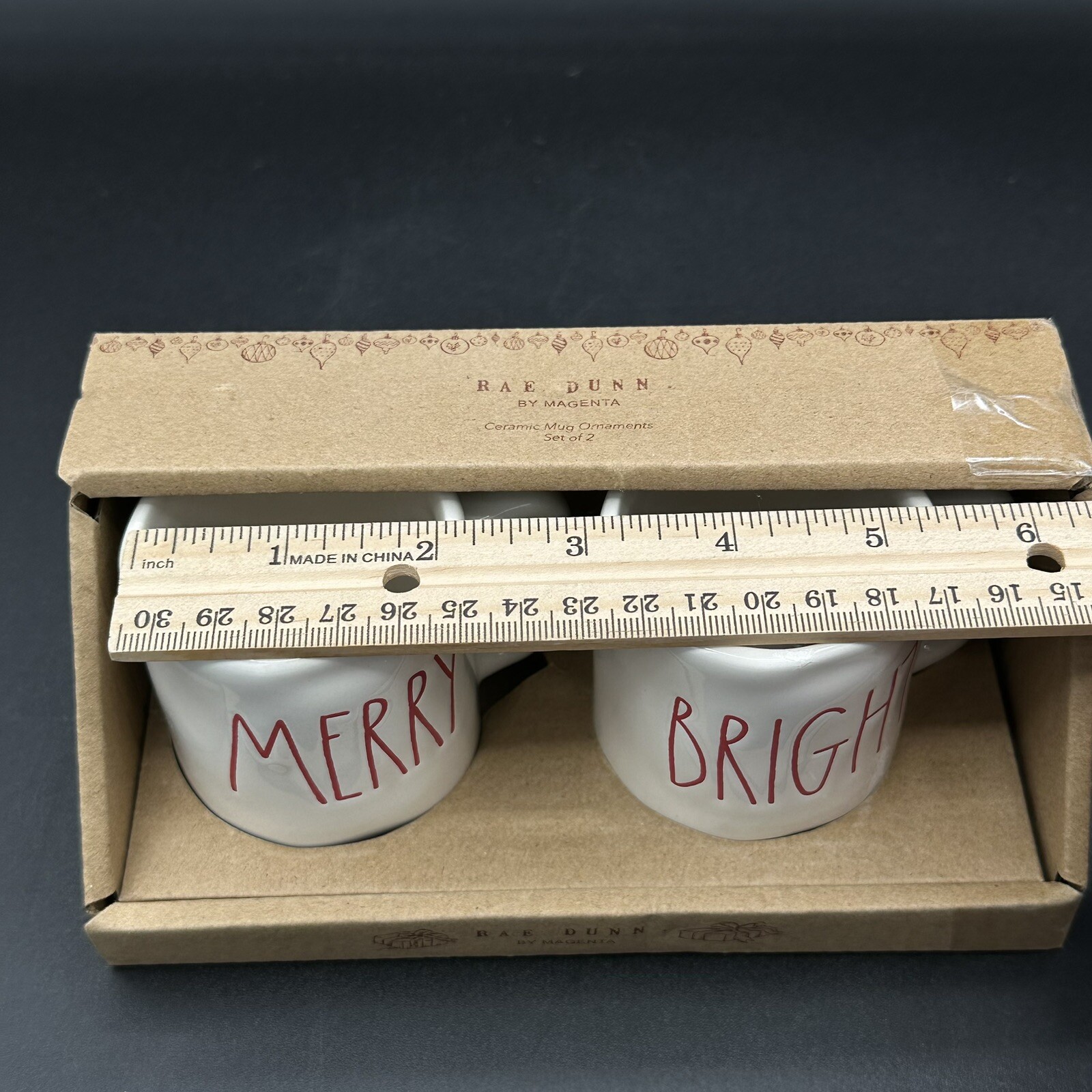 Rae Dunn By Magenta Small Mug Christmas Ornaments Merry & Bright 2.75 X 2 Inch