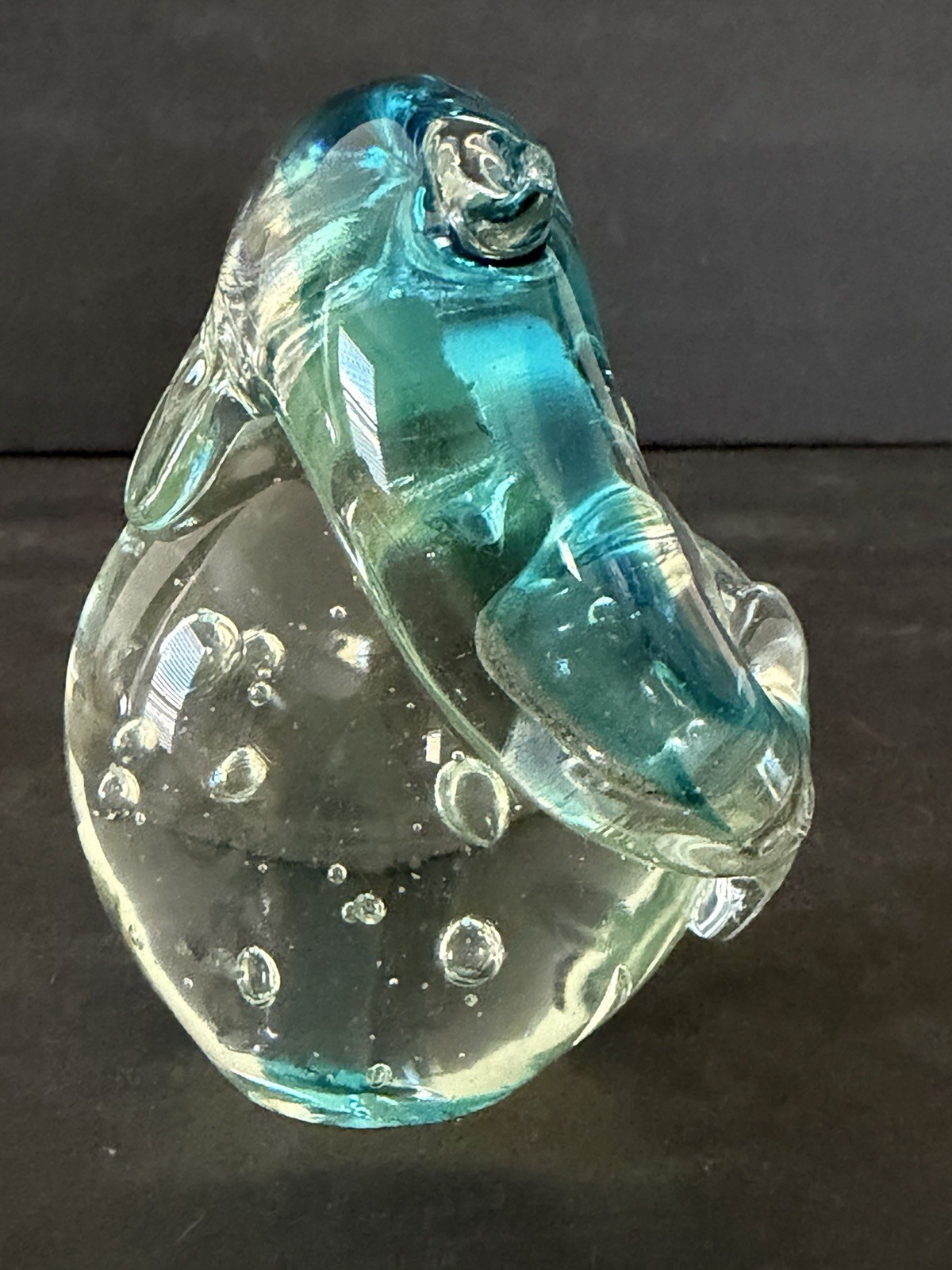 Blue Dolphin on Water Figurine Art Glass Paperweight Clear Bubbles Coastal 4”