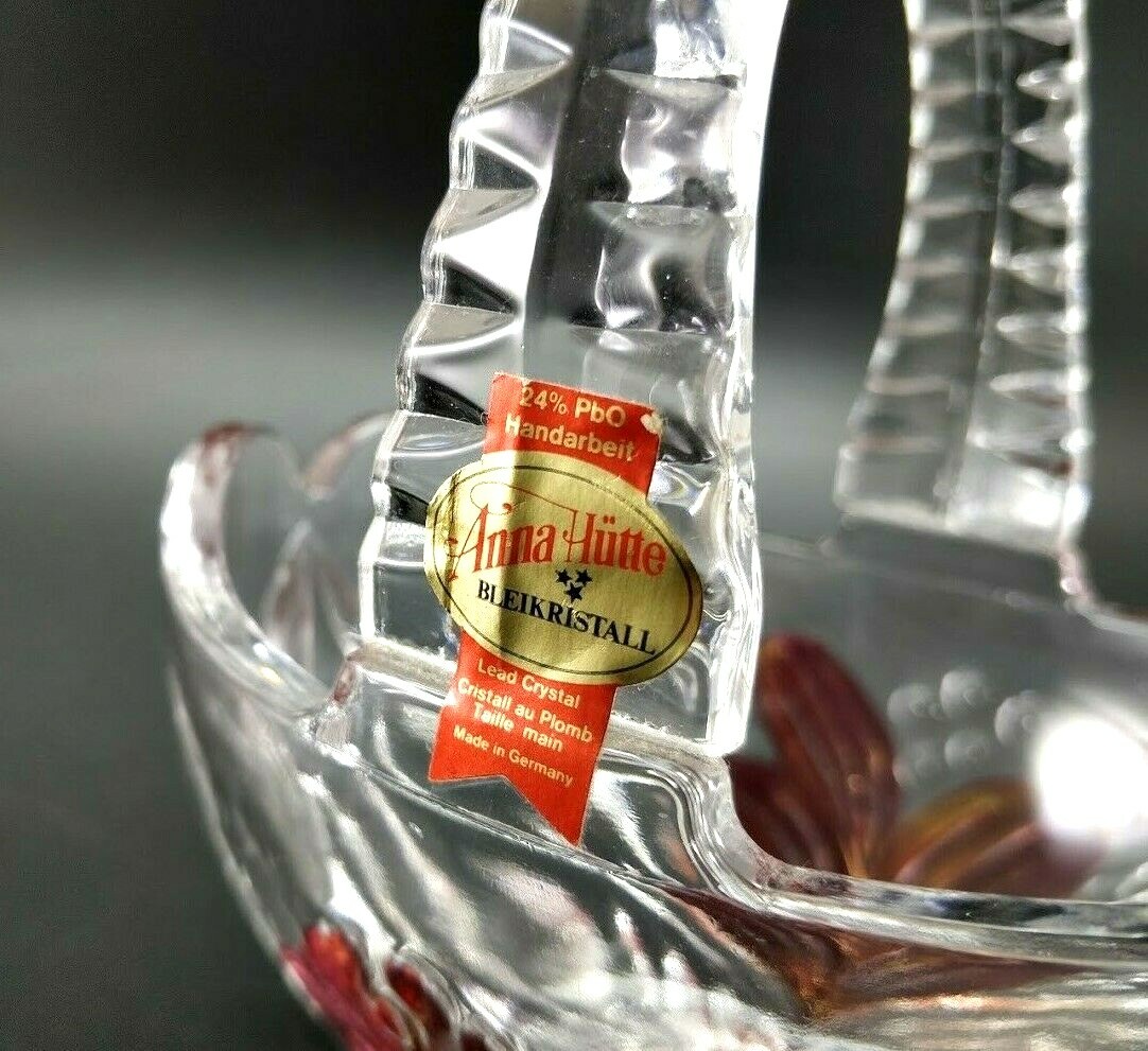 Anna Hutte Bleikristall Germany Hand Cut Lead Crystal Basket Handle Red Flower