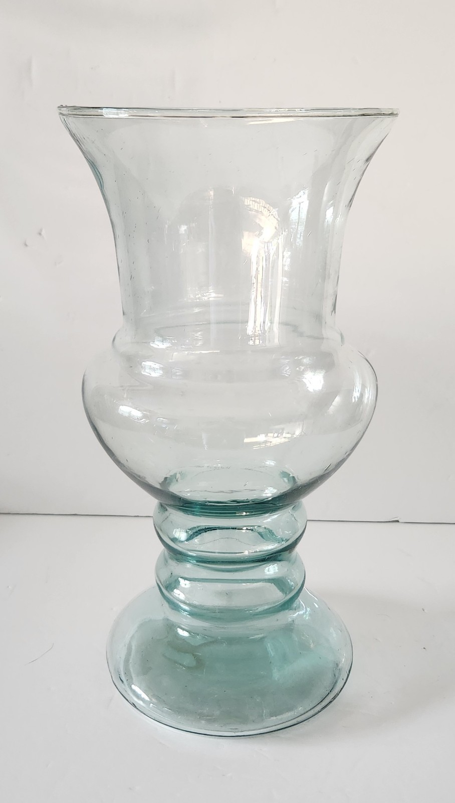 Large Pedestal Urn Vase 15″ Clear Recycled Glass Blue Green Tint Heavy