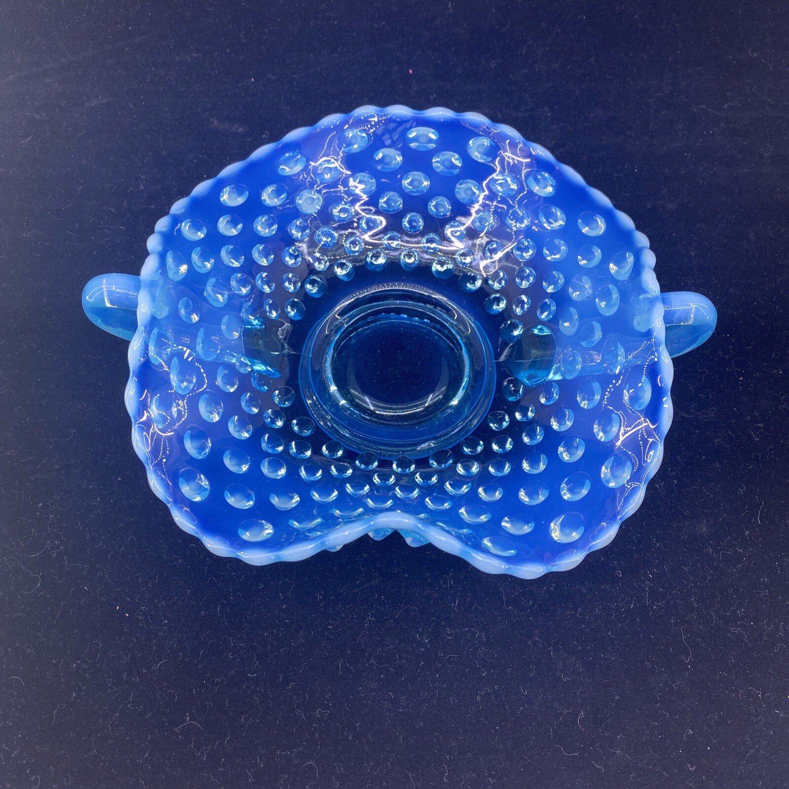 Vintage Fenton Aqua Blue Opalescent Hobnail Handled Bon Bon Dish