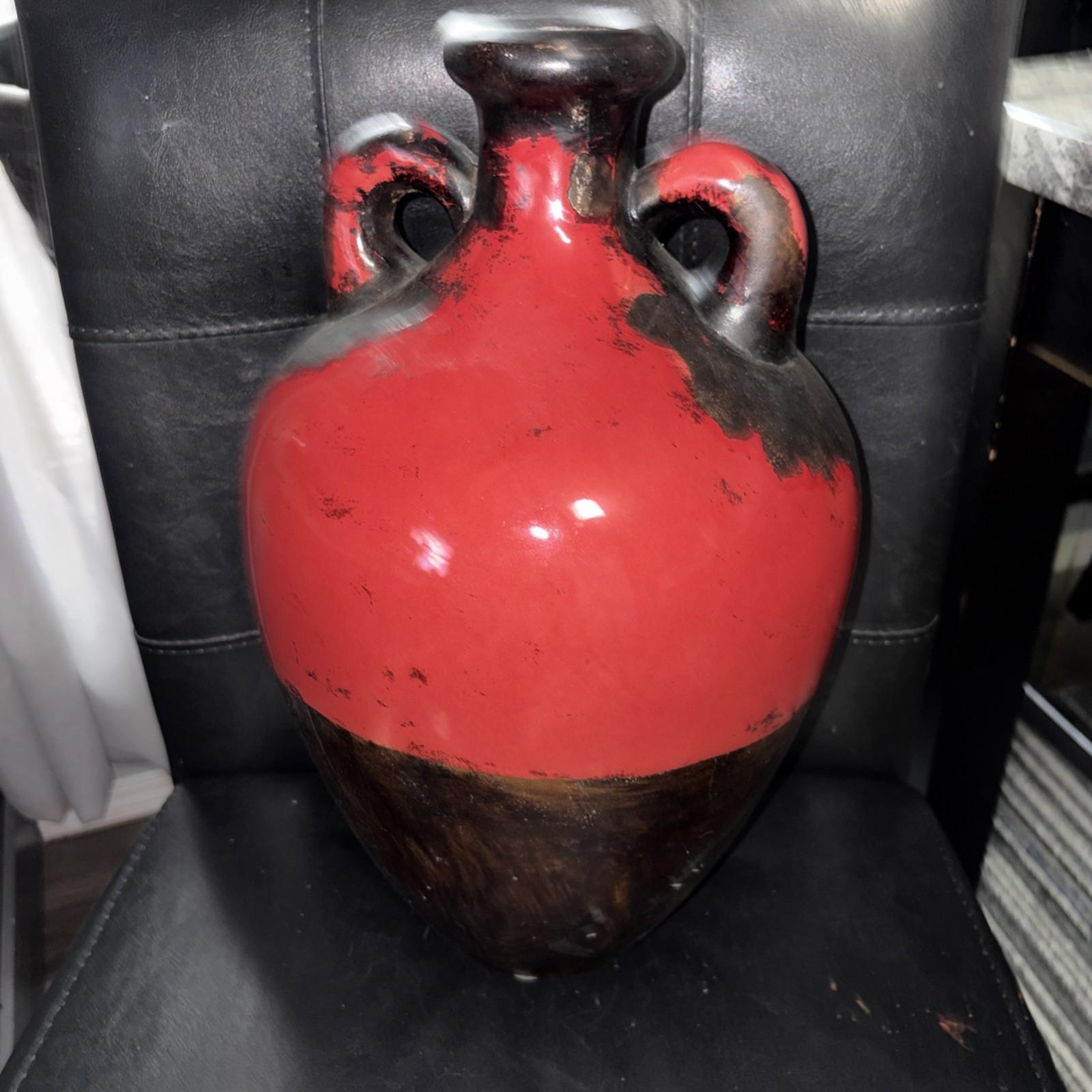 14.5” Double Handle Large Vase Red/Black Fat Lava Heavy Bolbous Body Narrow Neck