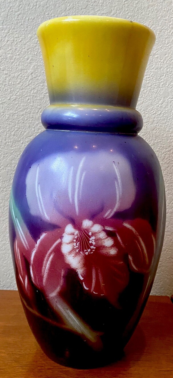 Vtg Art Nouveau Large Vase Purple Iris Pop Art Shabby Eclectic Love Unique Art