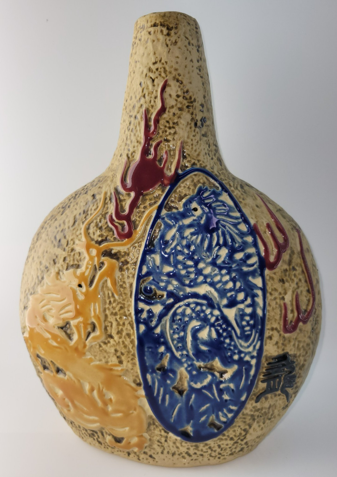 Stonepool Studio Art Pottery Chinese Dragon Serpent Ceramic Jug Vase Red Blue Br