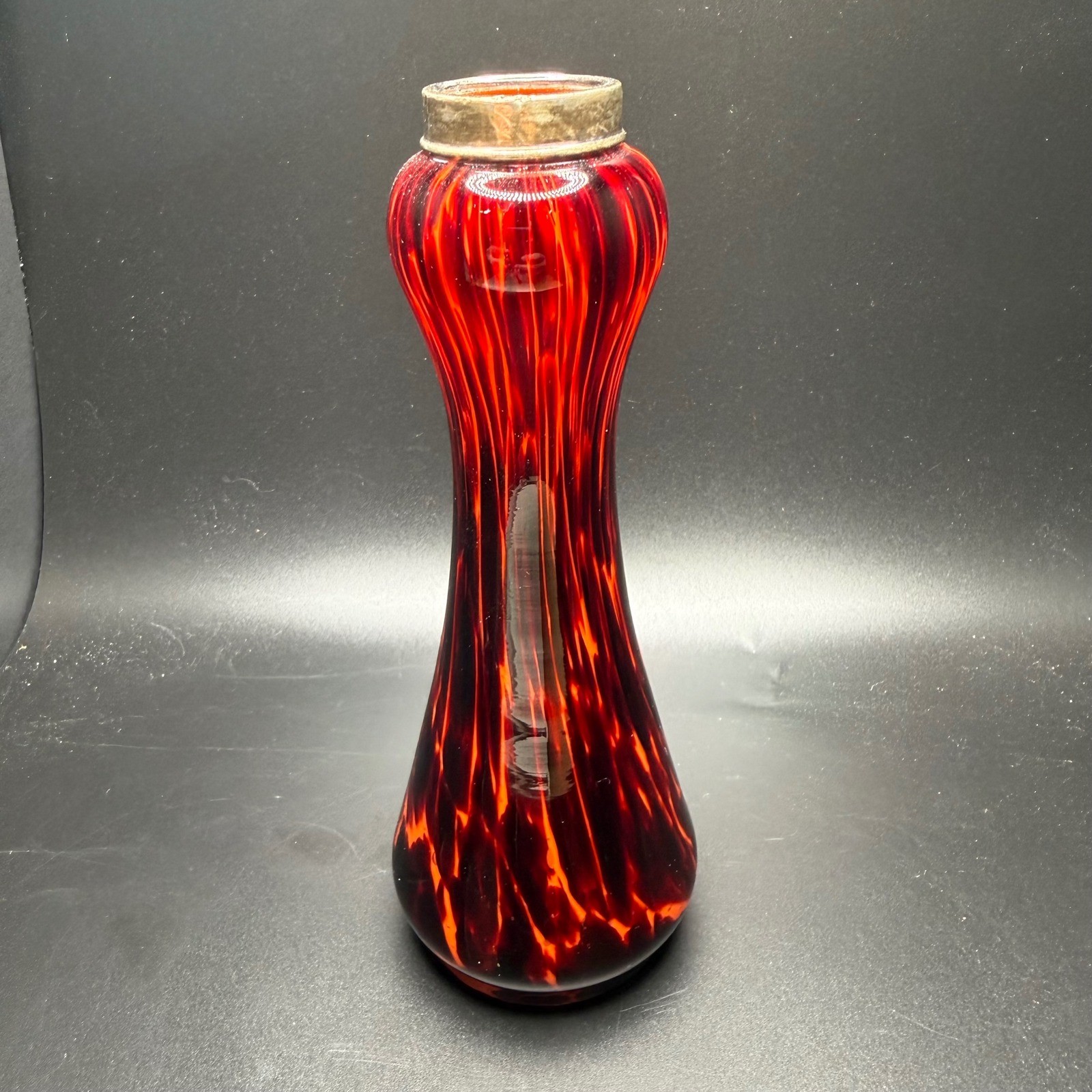Vintage Red Orange Tortoiseshell Art Glass Bud Vase Metallic Rim 7.75 Inch MCM