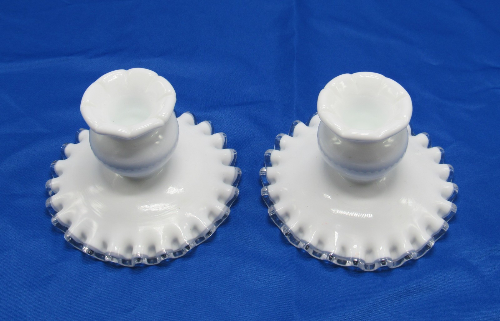 VTG Pair Fenton Silver Crest Candle Holders – Multi Purpose – White Milk Glass