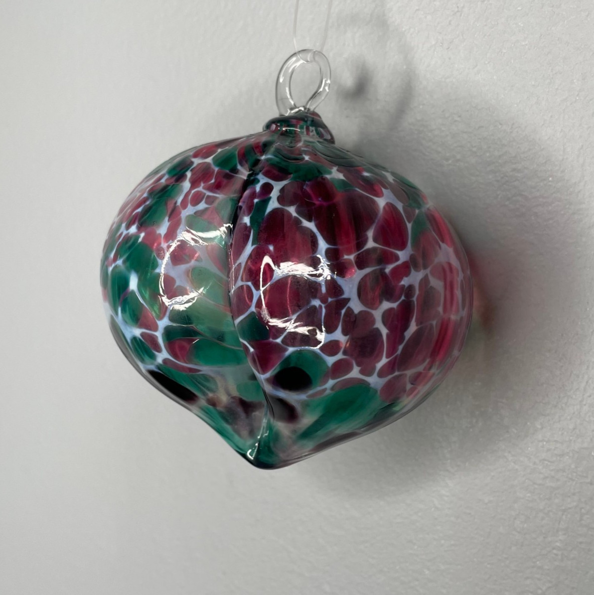 Hand Blown Art Glass Peach/Heart Shaped Ornament Fuschia Green
