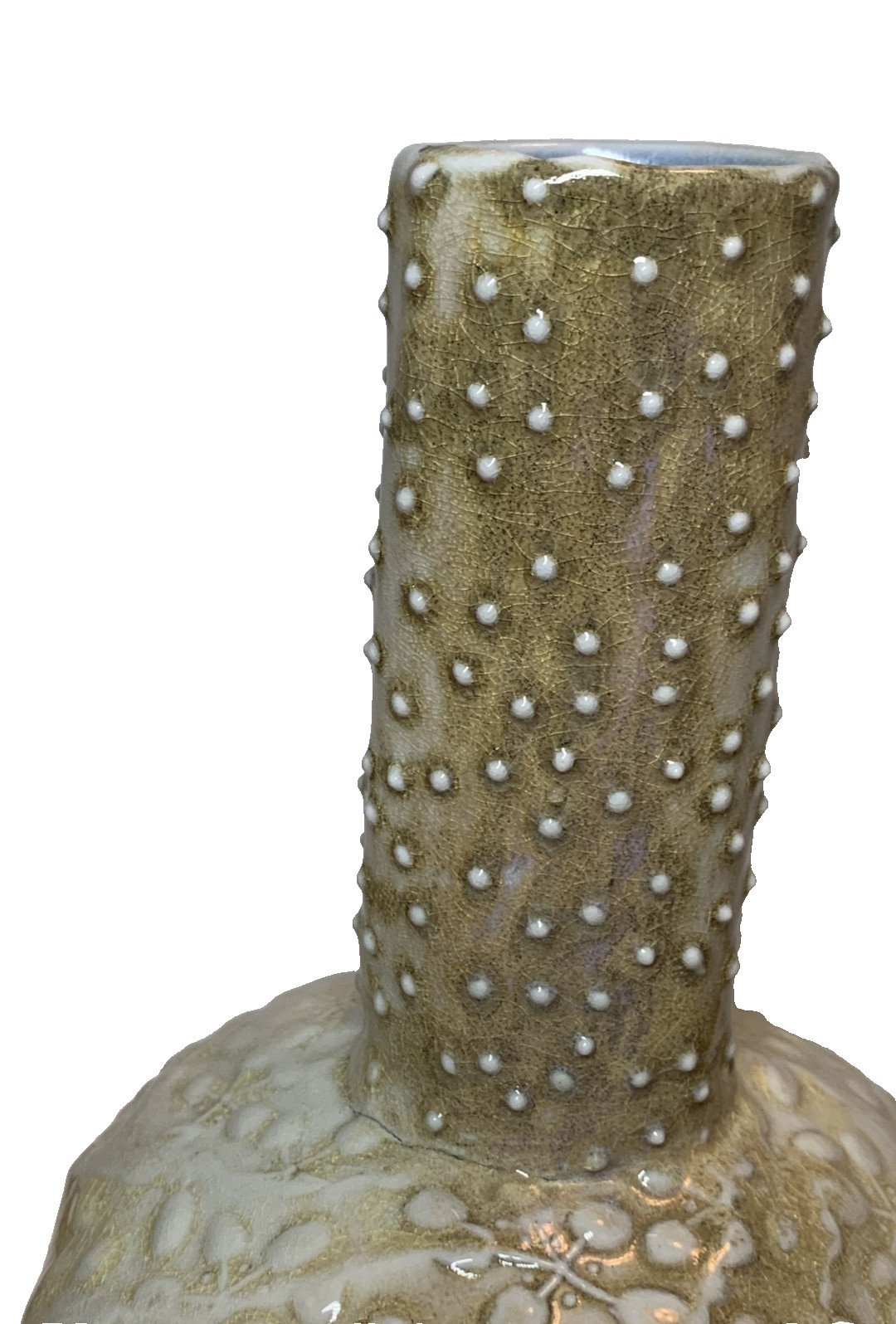 Signed Studio Pottery Textured Dot Floral Vase Organic Vtg Modern Crackle Glaze