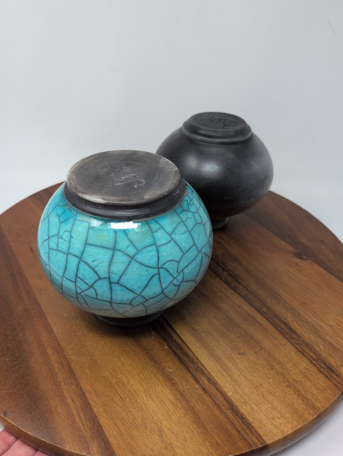 Lot Of 2 Raku Studio Pottery Signed 1 Turquoise 1 Crackle Gray