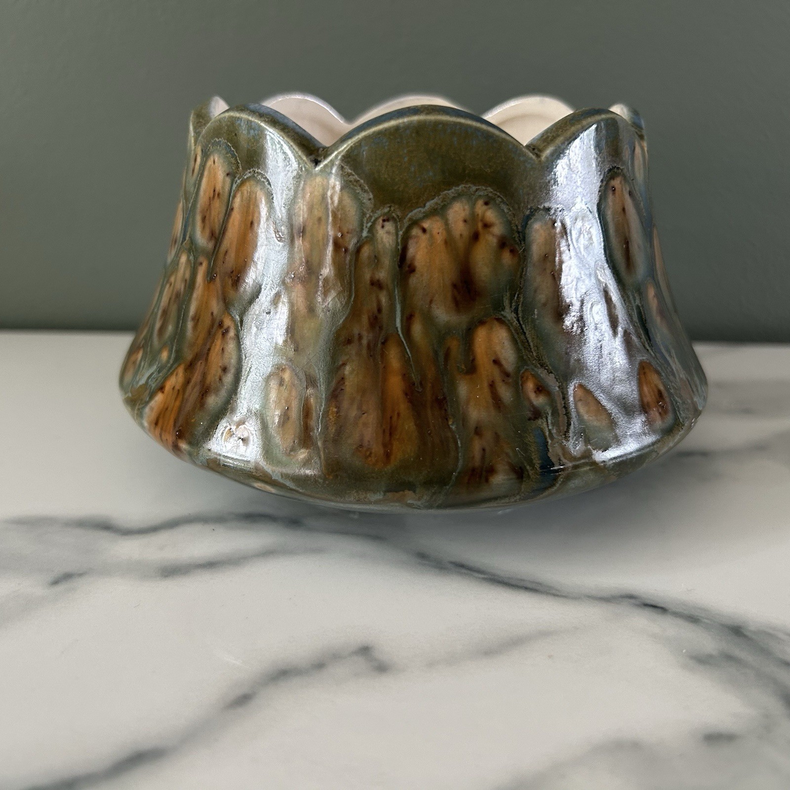 Vintage Studio Art Pottery Ceramic Planter Scalloped Rim Drip Glaze Signed 1974