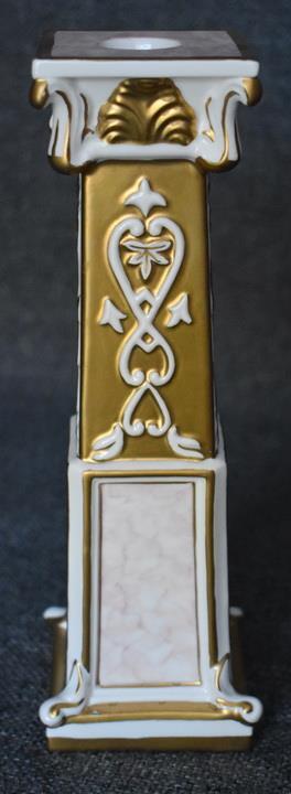 HANDSOME VINTAGE VILLEROY & BOCH GOLD WHITE PINK MARBLE MOTIF COLUMN CANDLESTICK