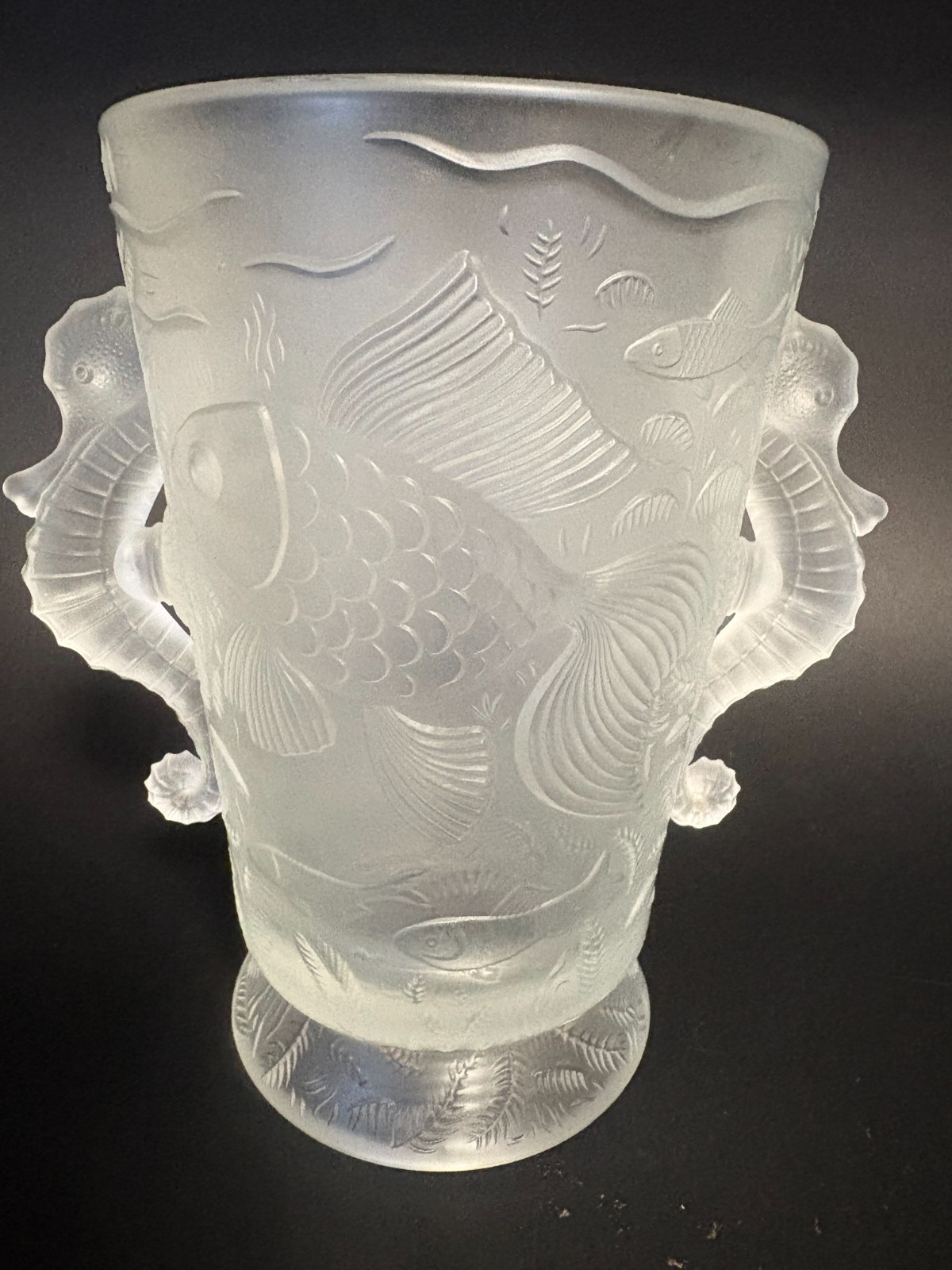 Vintage Art Deco Barolac Frost Glass Vase Josef Inwald 1930 Koi Seahorse Handles