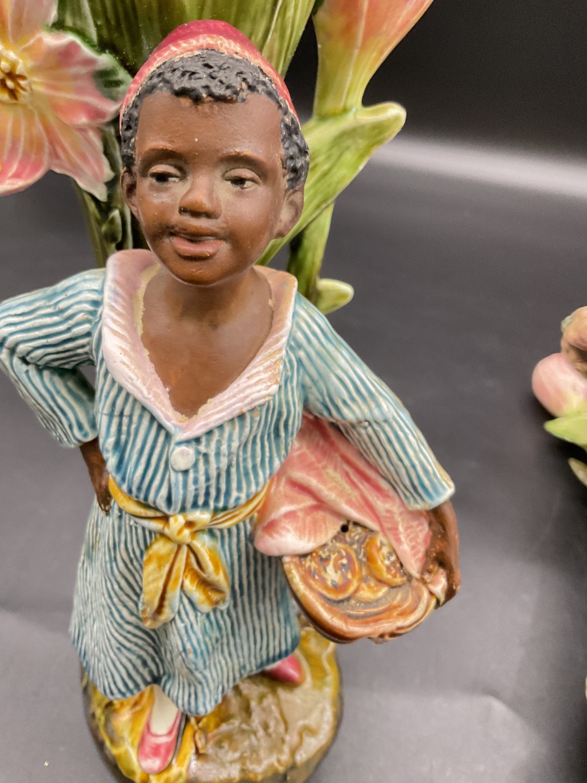 Pair of Continental Majolica Barbotine Blackamoor Figural Flower Spill Vases