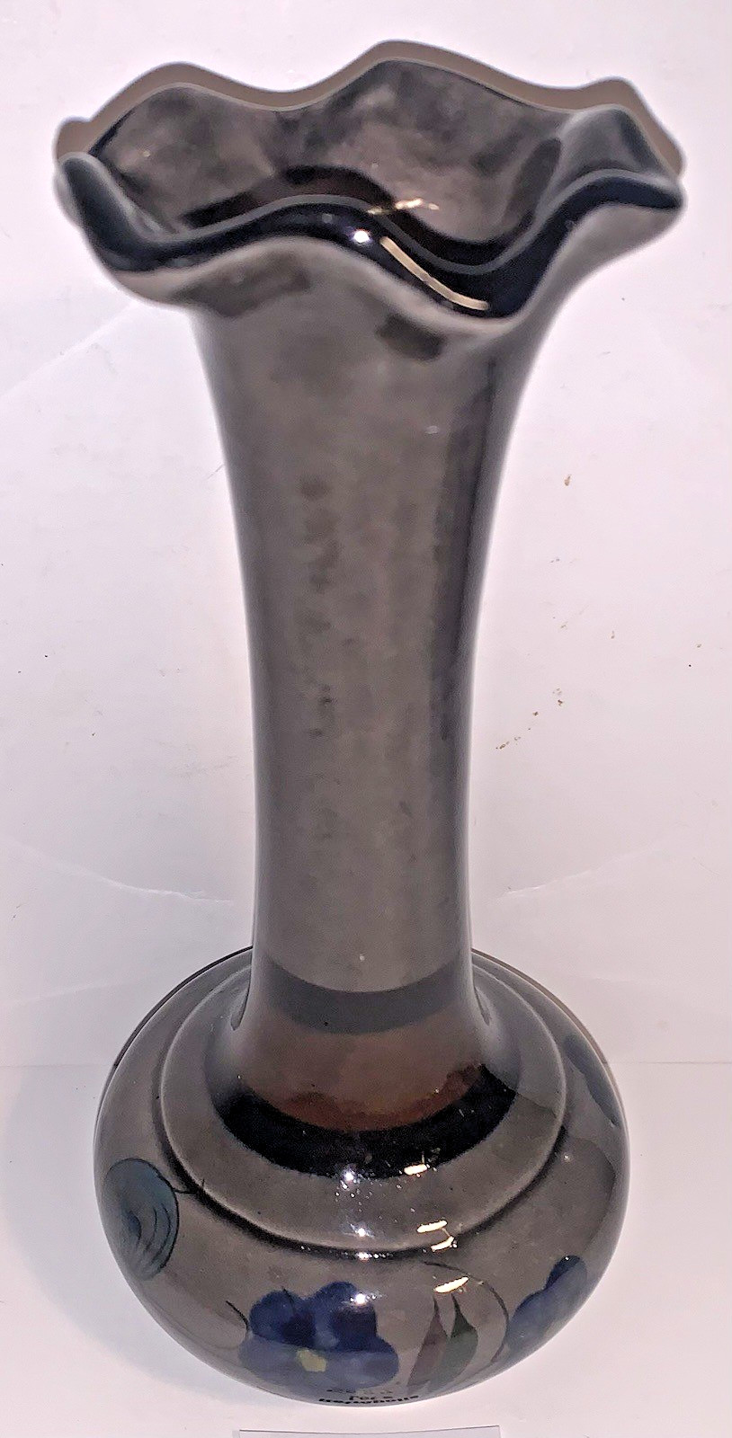 Mexican Folk Art Pottery Tonala Gray Hand Painted Floral Vase 7”
