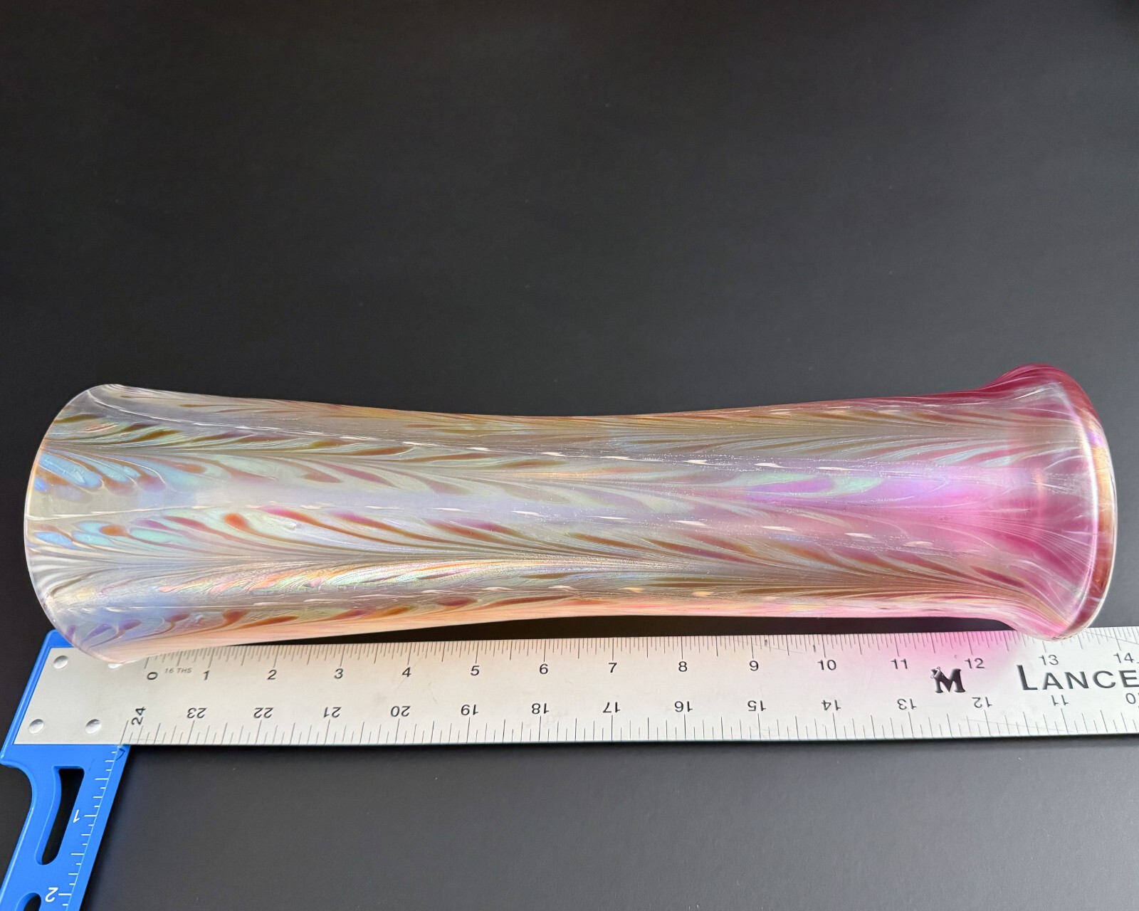 Joseph Morel Zellique 13″ Orange Pink Iridescent Pulled Feather Art Glass Vase