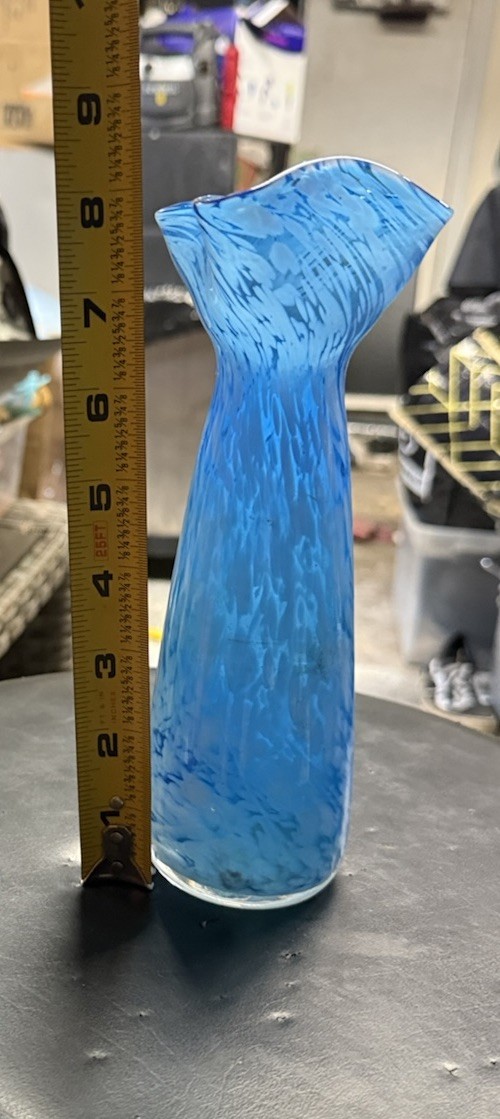 Vtg Blue White Clear Ruffled Glass Vase 8 1/2″