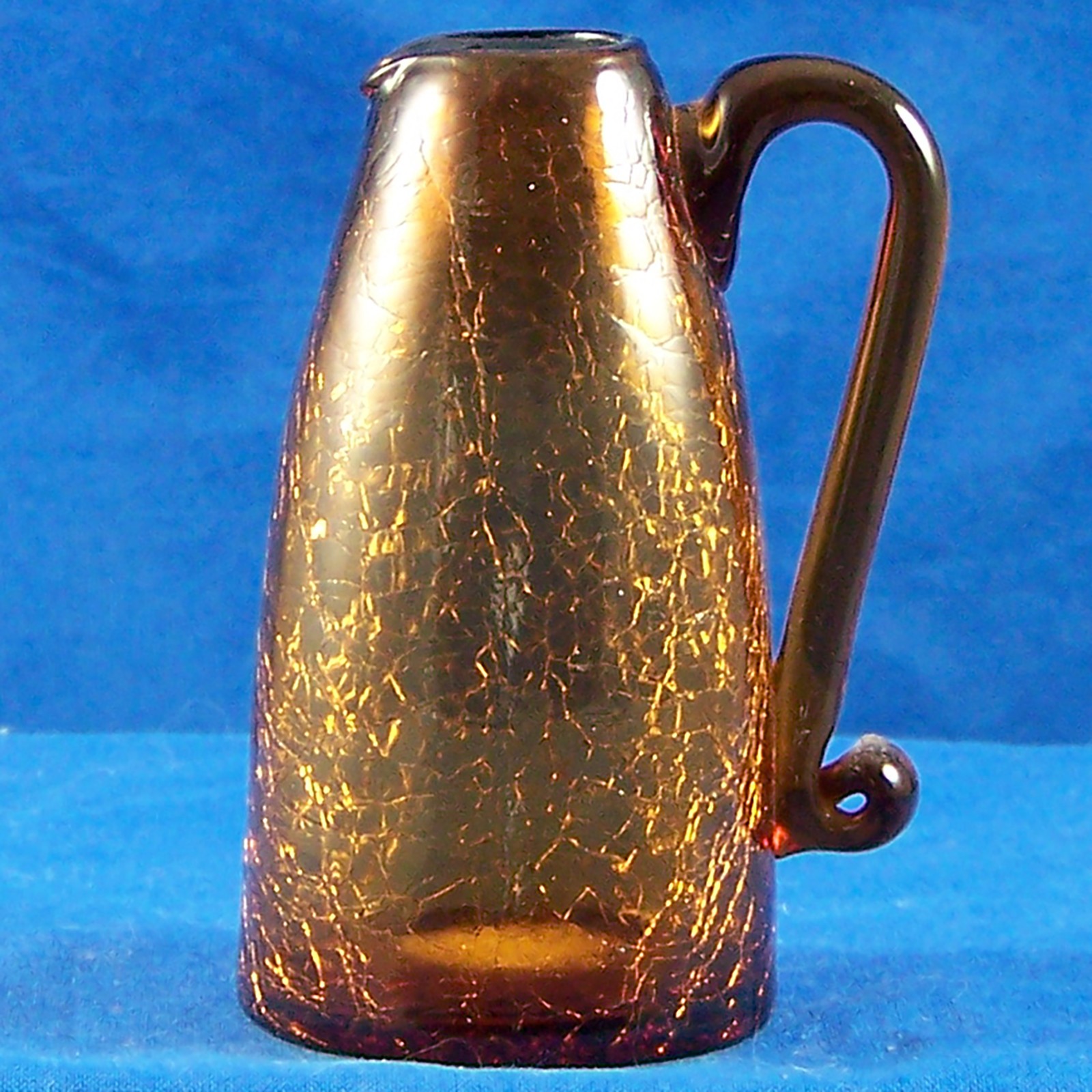 Vintage Small Blown Brown Crackle Glass Bud Vase Jug With Handle 4″ Inches Tall