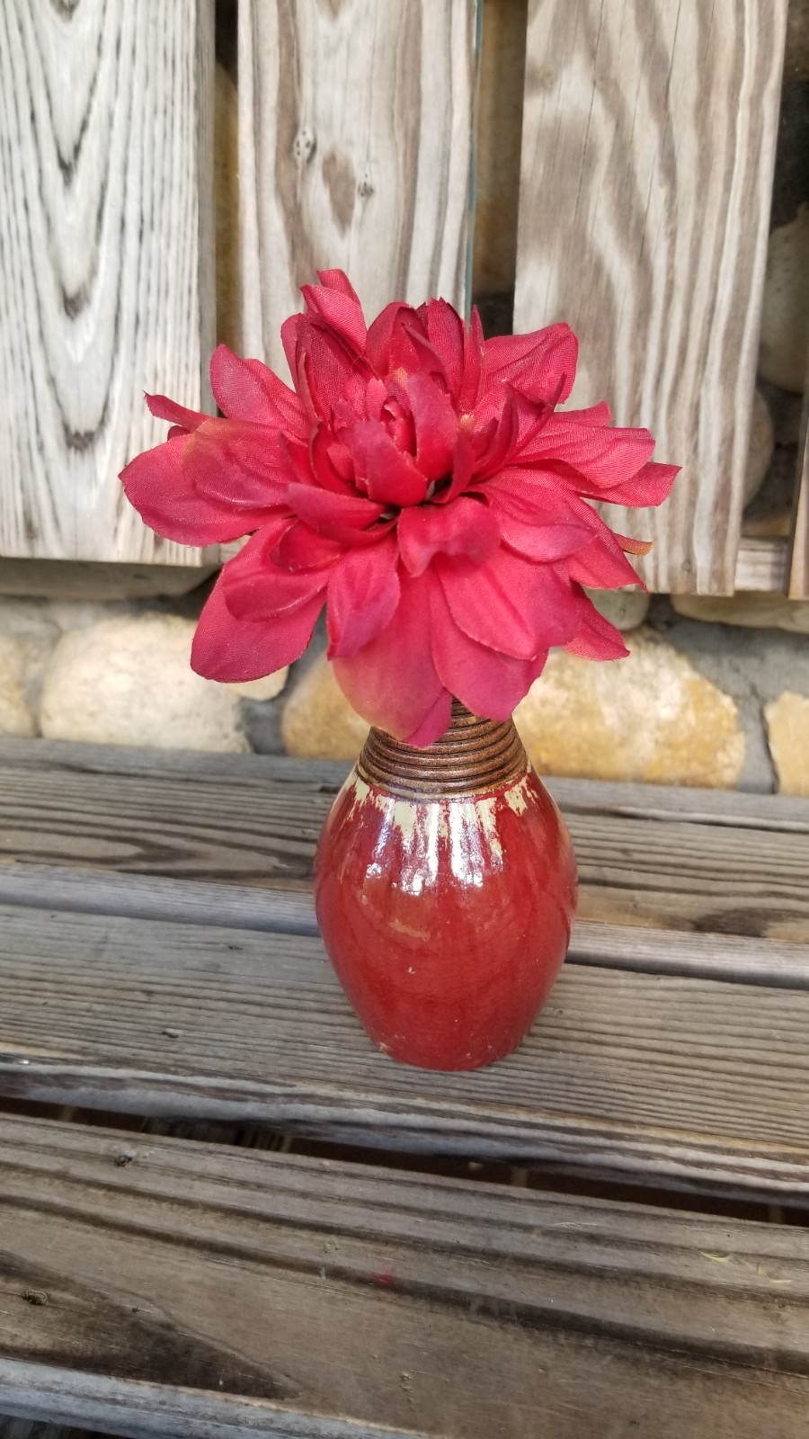 5.5″ Pottery + Wood Vase Vintage w/Red Fabric Dahlia Autumn Thanksgiving Decor