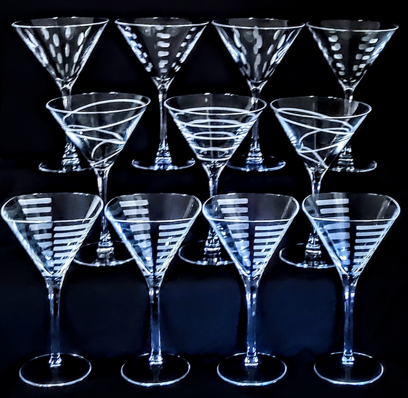 MIKASA CHEERS CRYSTAL GEOMETRIC CUT MARTINI GLASSES, 11 LARGE 10 OZ STEMS, MINT