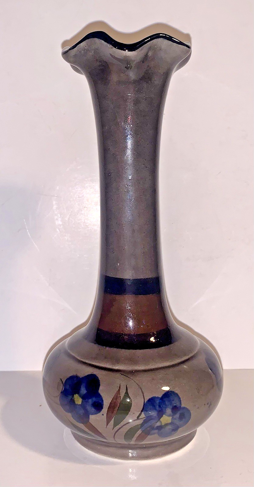 Mexican Folk Art Pottery Tonala Gray Hand Painted Floral Vase 7”