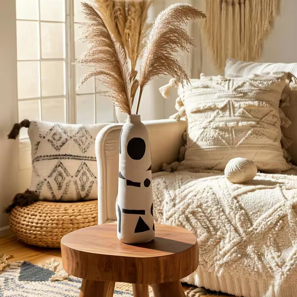 15 In. Ivory Stoneware and Suar Wood round Abstract Funky Decorative Vase