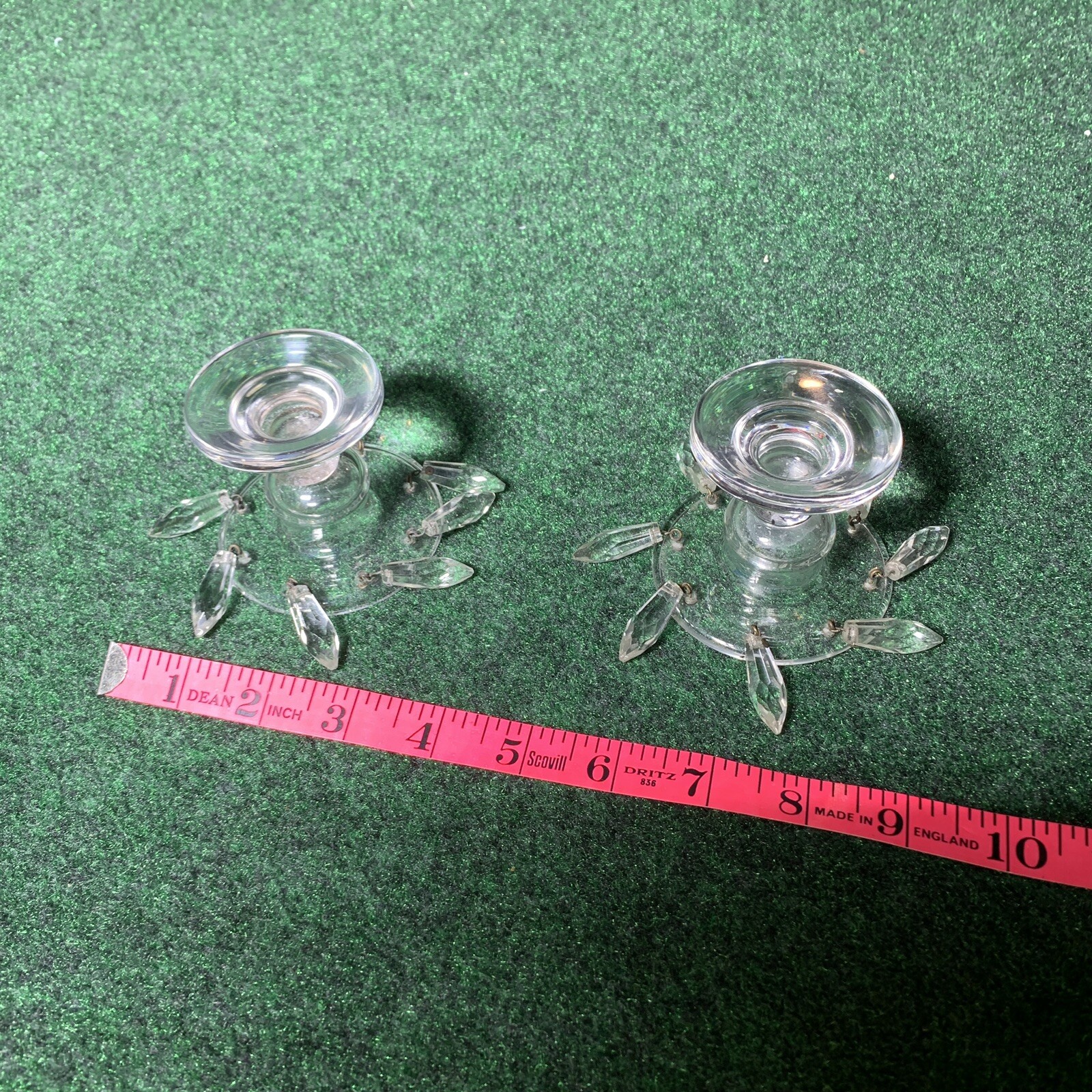 Candlestick Holders 2 Pair Glass Bobbin Two Way TEARDROP Crystals Elegant Unity
