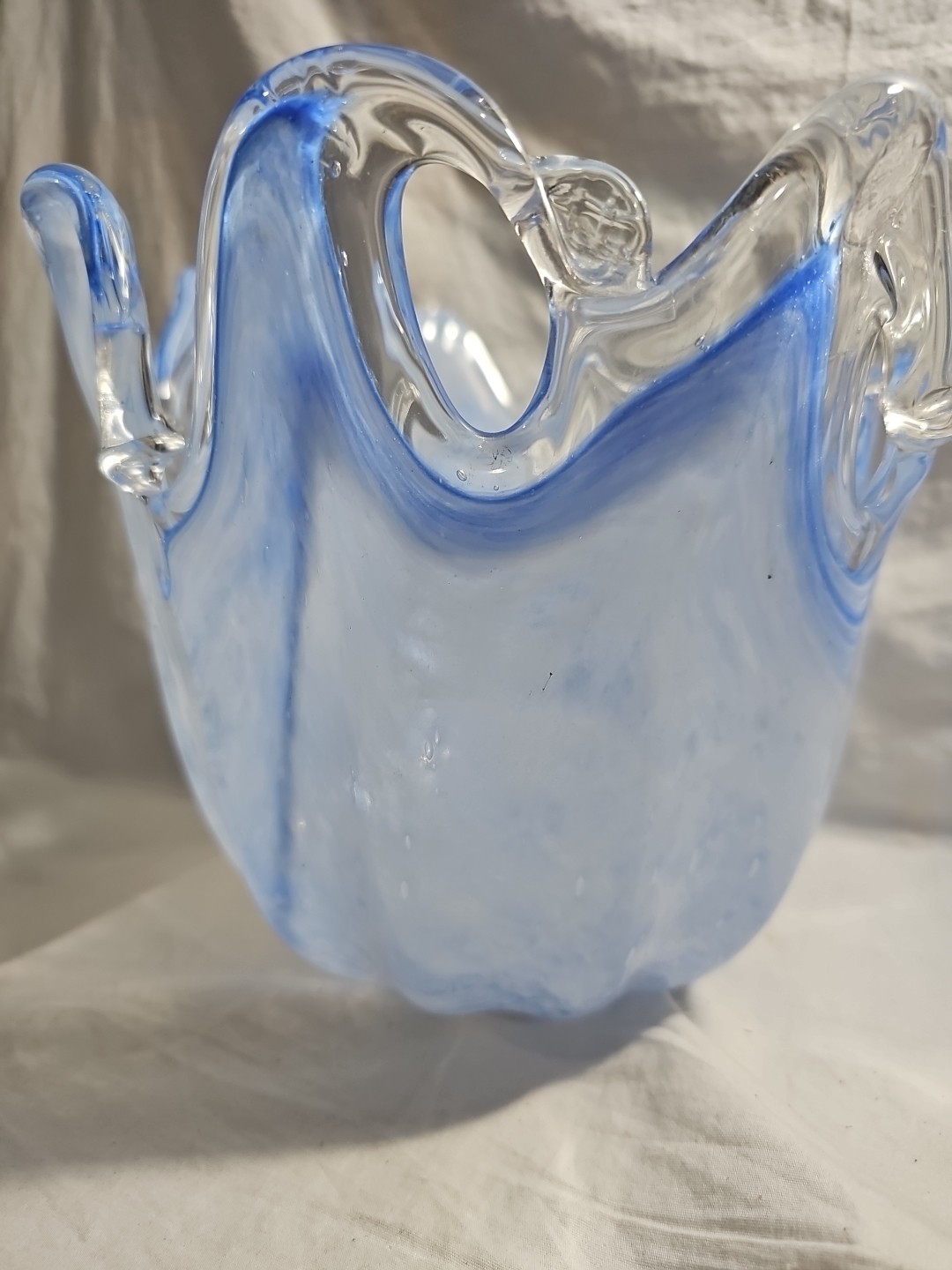 Large Murano Art Glass Vase Bowl Italy Hand Made Label Blue Unique Style Rare