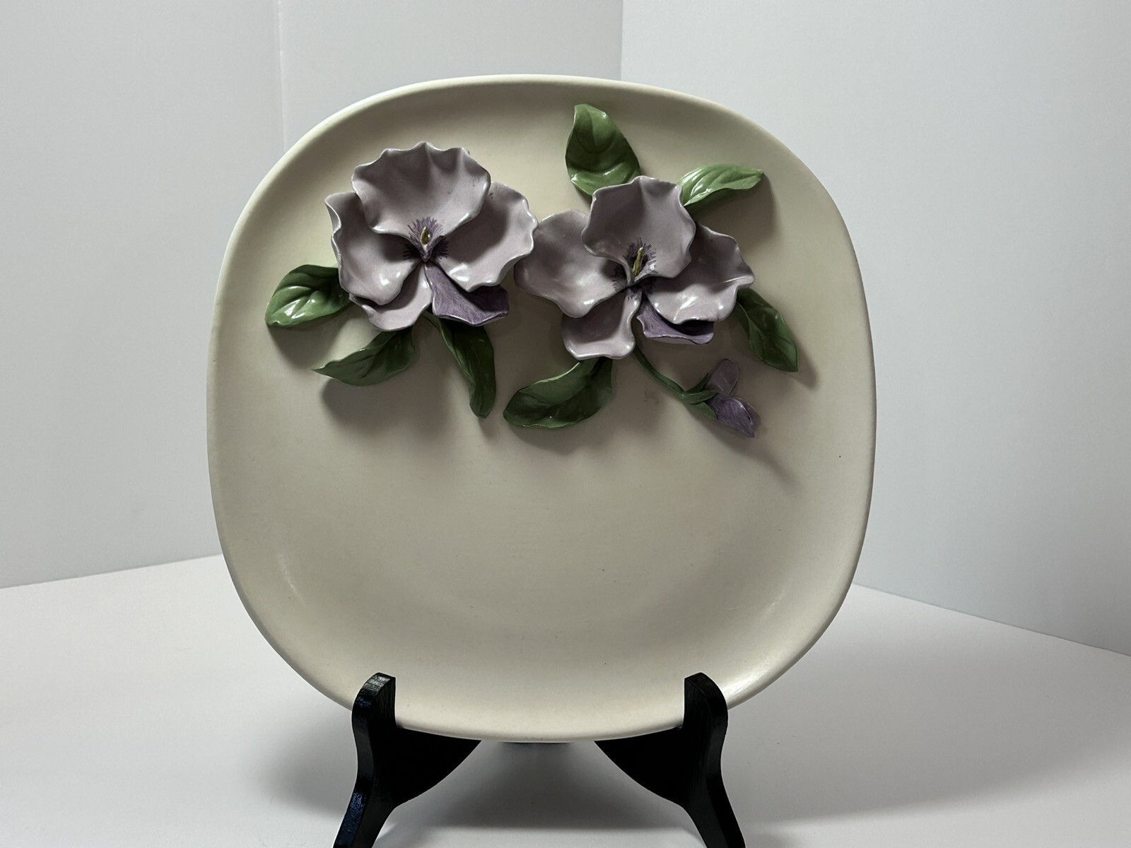 Pottery Art Square Plate With Purple Flowers