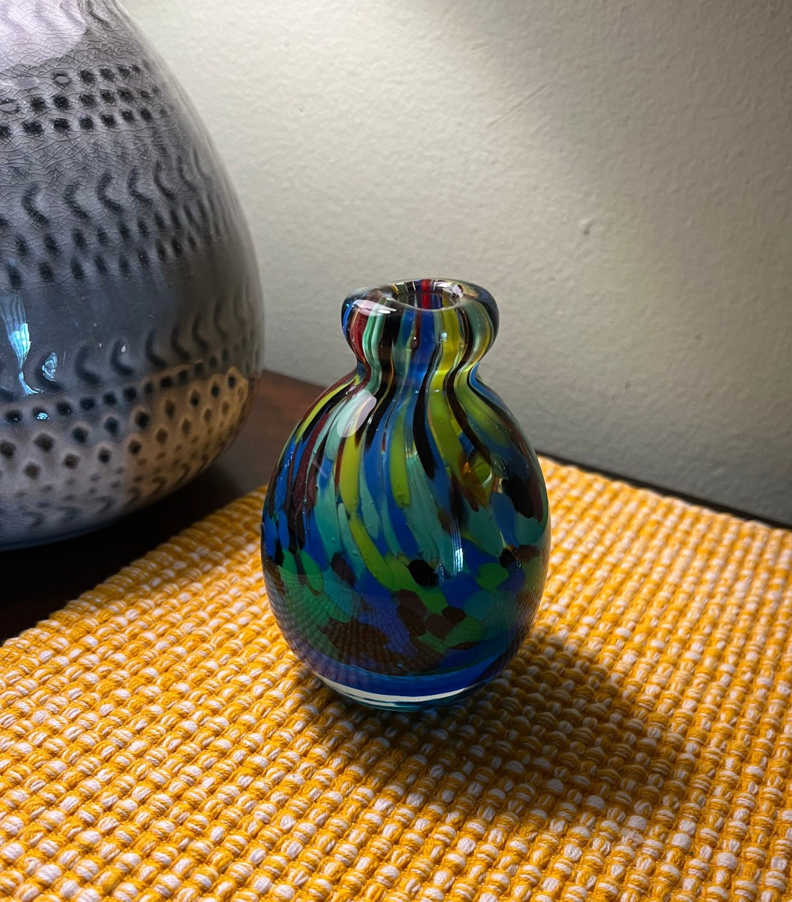 Hand Blown Art Glass Bud Flower Vase Blue Green Red Swirls 4″