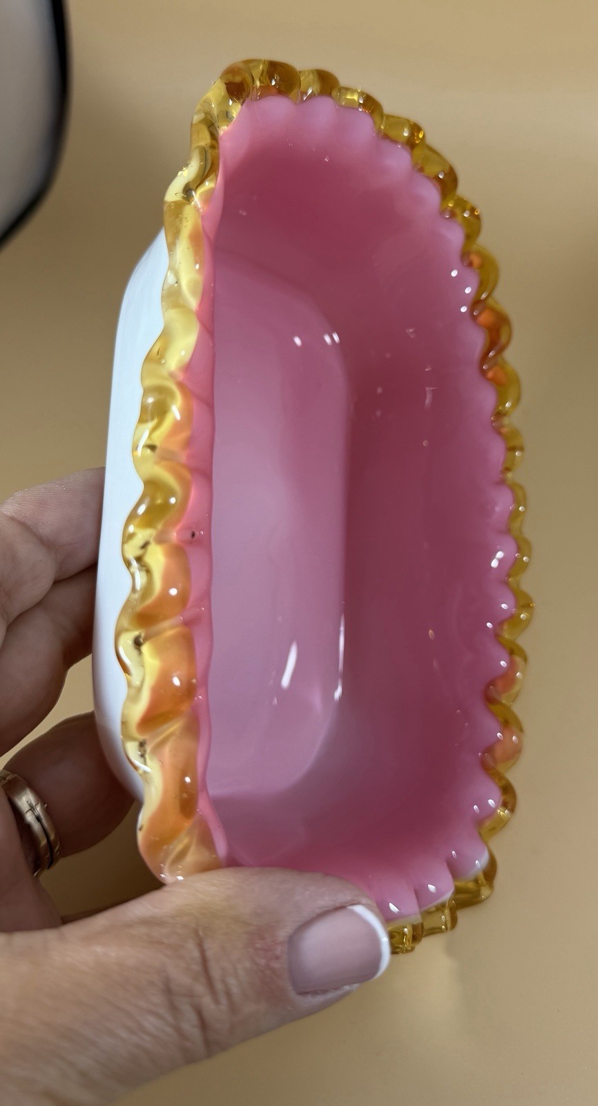 Peach Blown Glass Amber Crest -Crimped Fluted Rectangular Candy Dish -Art Glass