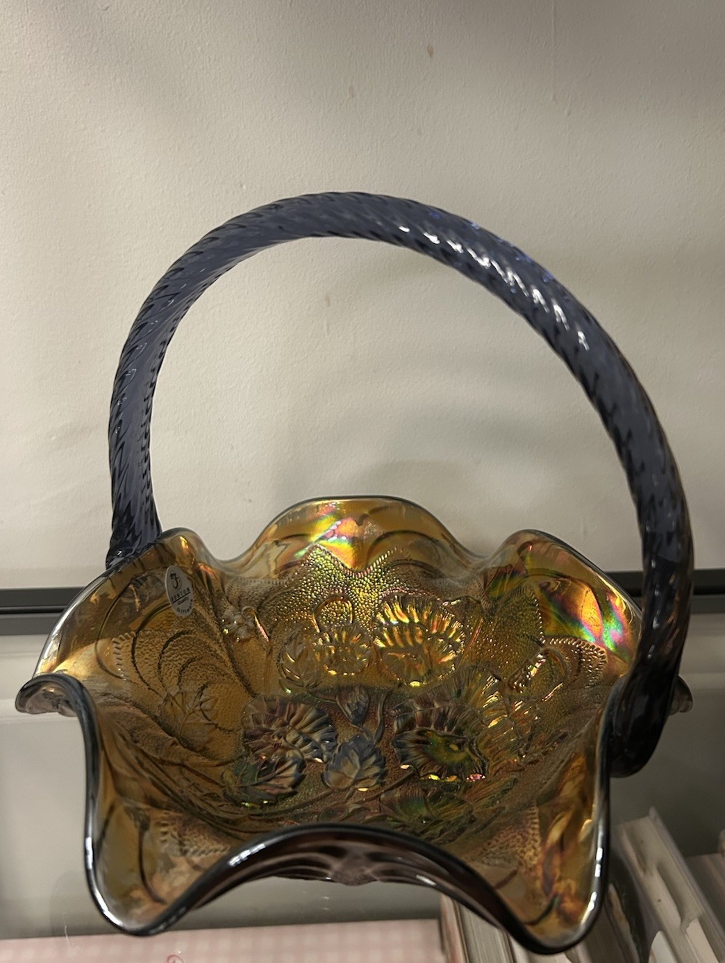 Fenton Art Glass Aubergine Marigold Carnival Glass Basket With Handle Dish Bowl