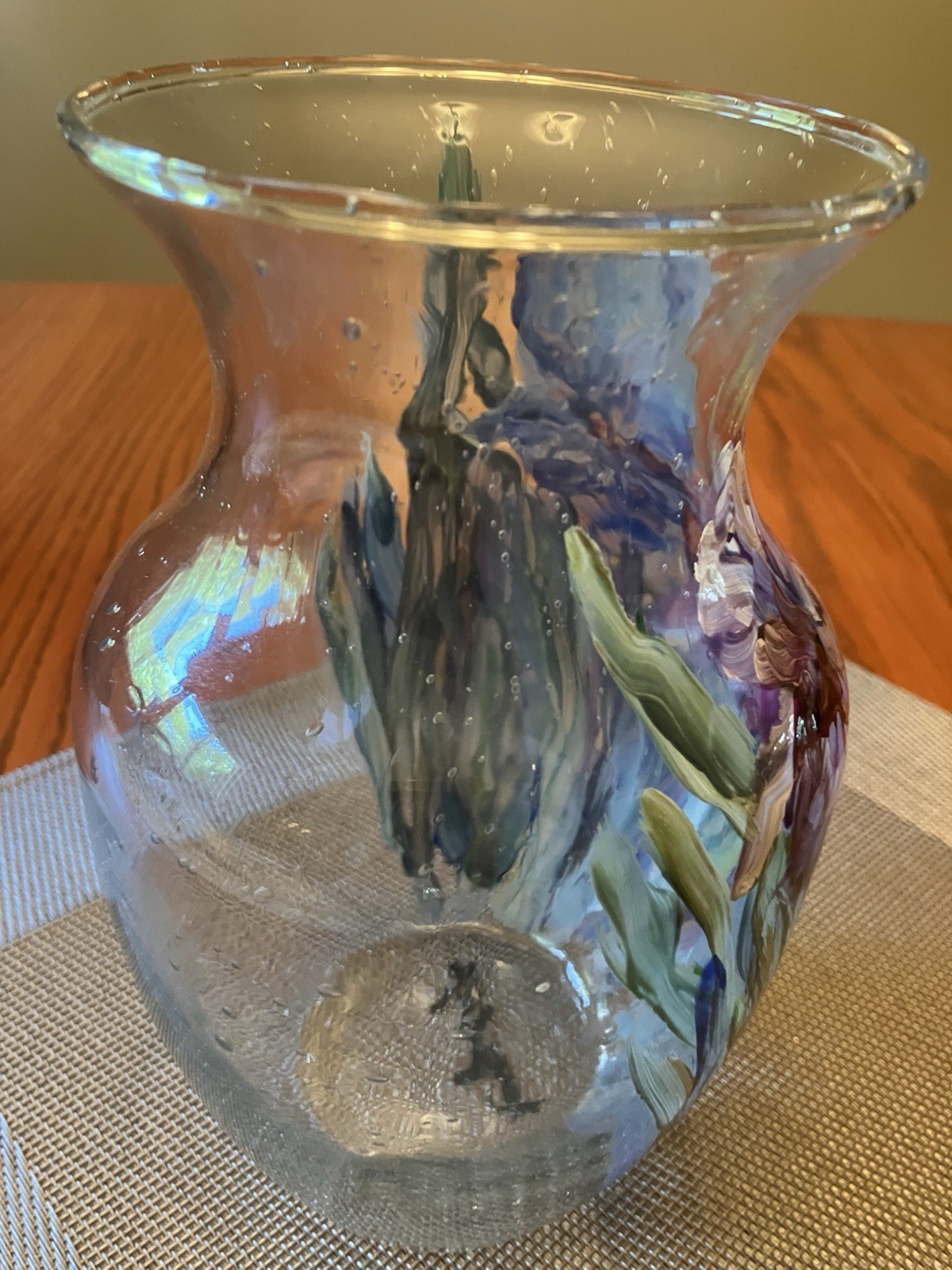 Mary Wolf Floral Impressionist Style Hand Painted Glass Vase Vintage Signed 8”