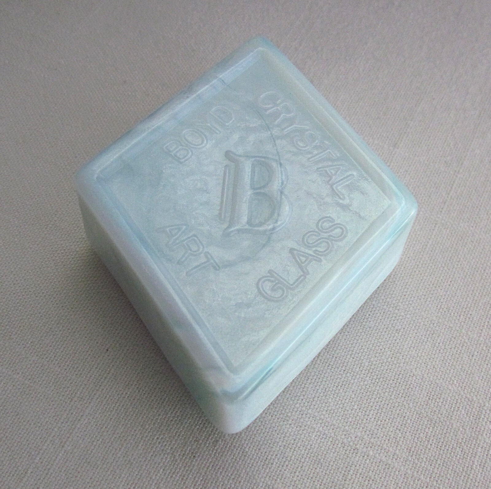 Vtg Boyd Slag Glass Advertising Logo Paperweight Pale Blue Swirl 3″ Diamond