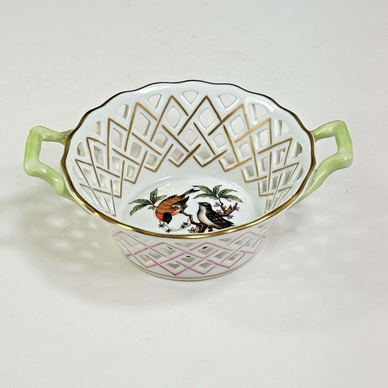 Herend Rothschild Bird Round Open Reticulated Small Basket With Handles 7413/RO