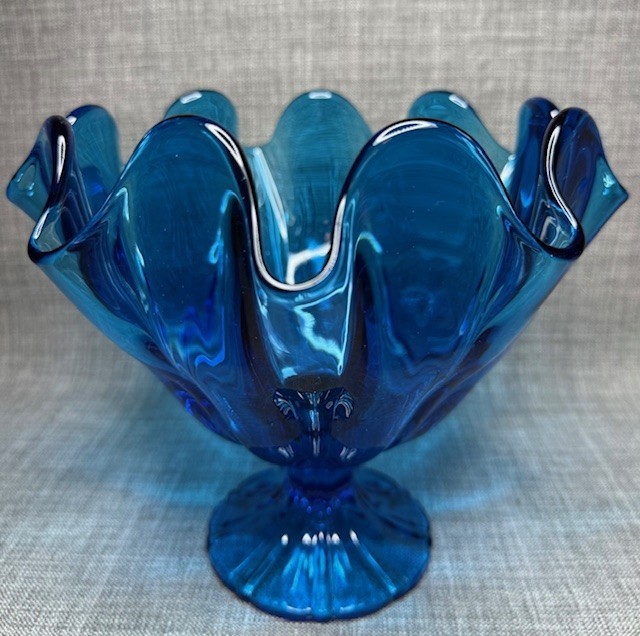 LE Smith Blue Art Glass Swung Bowl, Handkerchief Vase, Footed Compote MCM