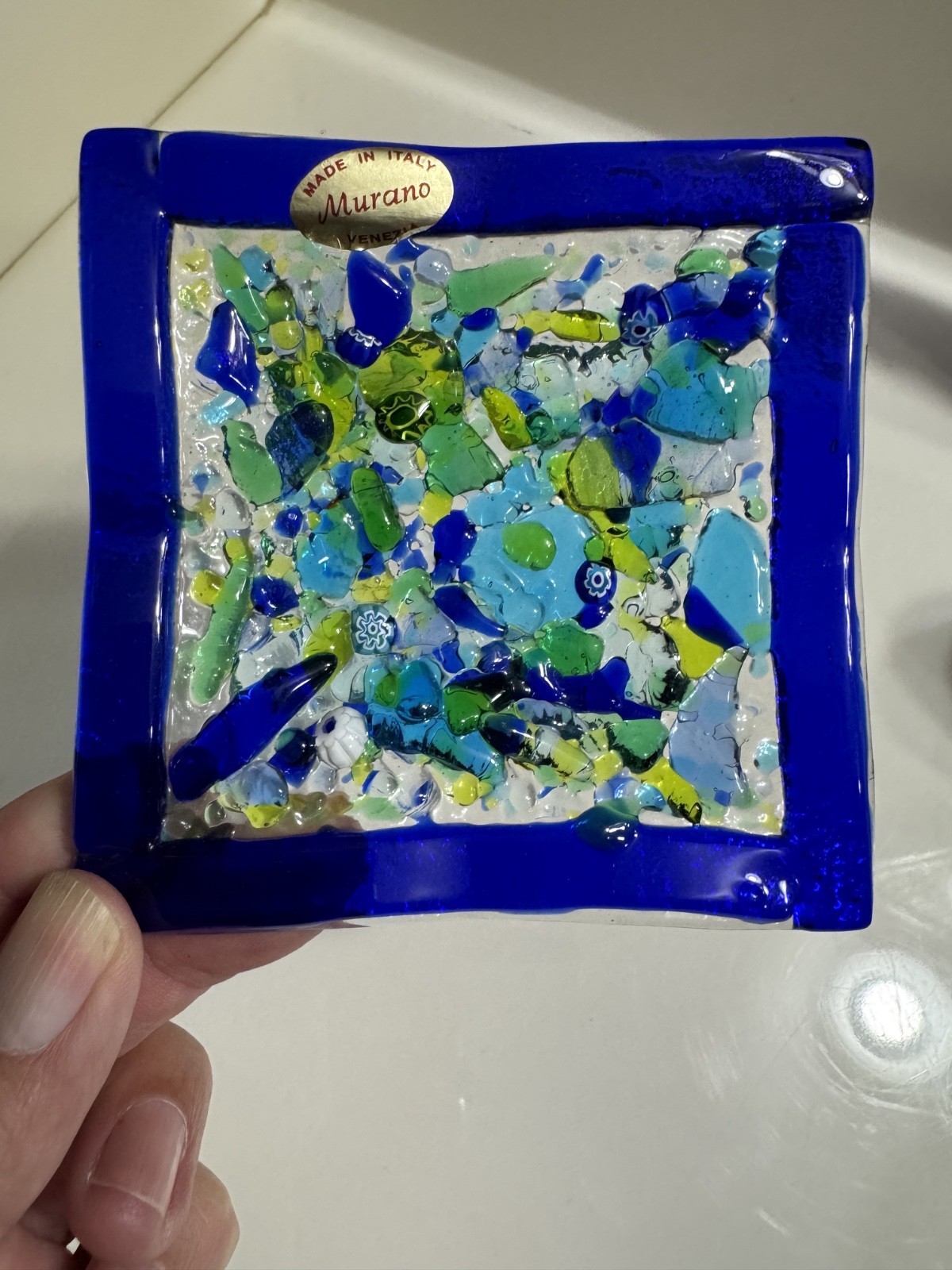 Murano Venetia Hand Fused Millefiori Blue Art Glass Candy Trinket Dish Square