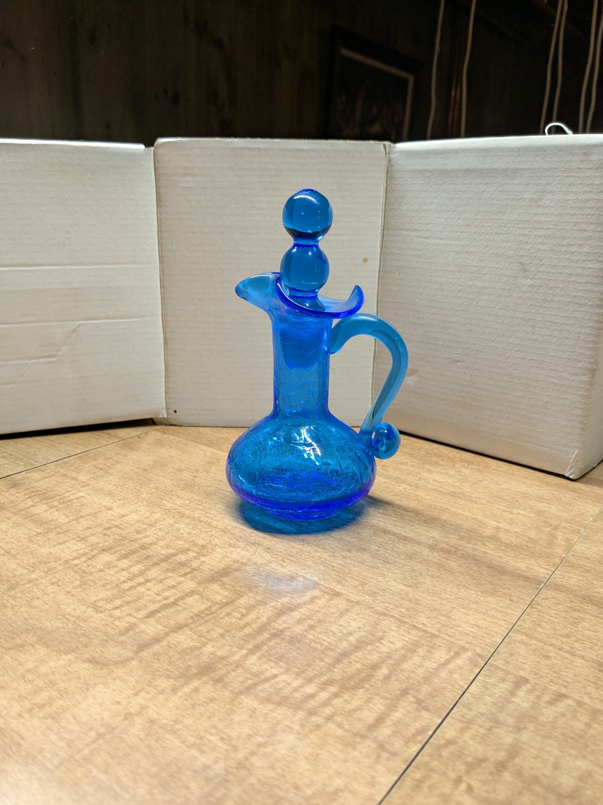 Vintage Cobalt Blue Crackle Hand Blown Glass Bottle with Lid