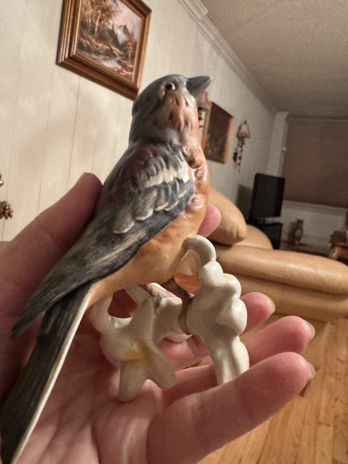 Goebel Hand Painted Porcelain Bird Figurine Germany Branch White Flowers Decor