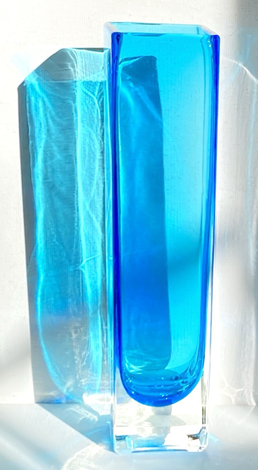 MCM Murano Style Art Glass Vase Aqua Blue and Clear Sommerso Hand Blown Glass