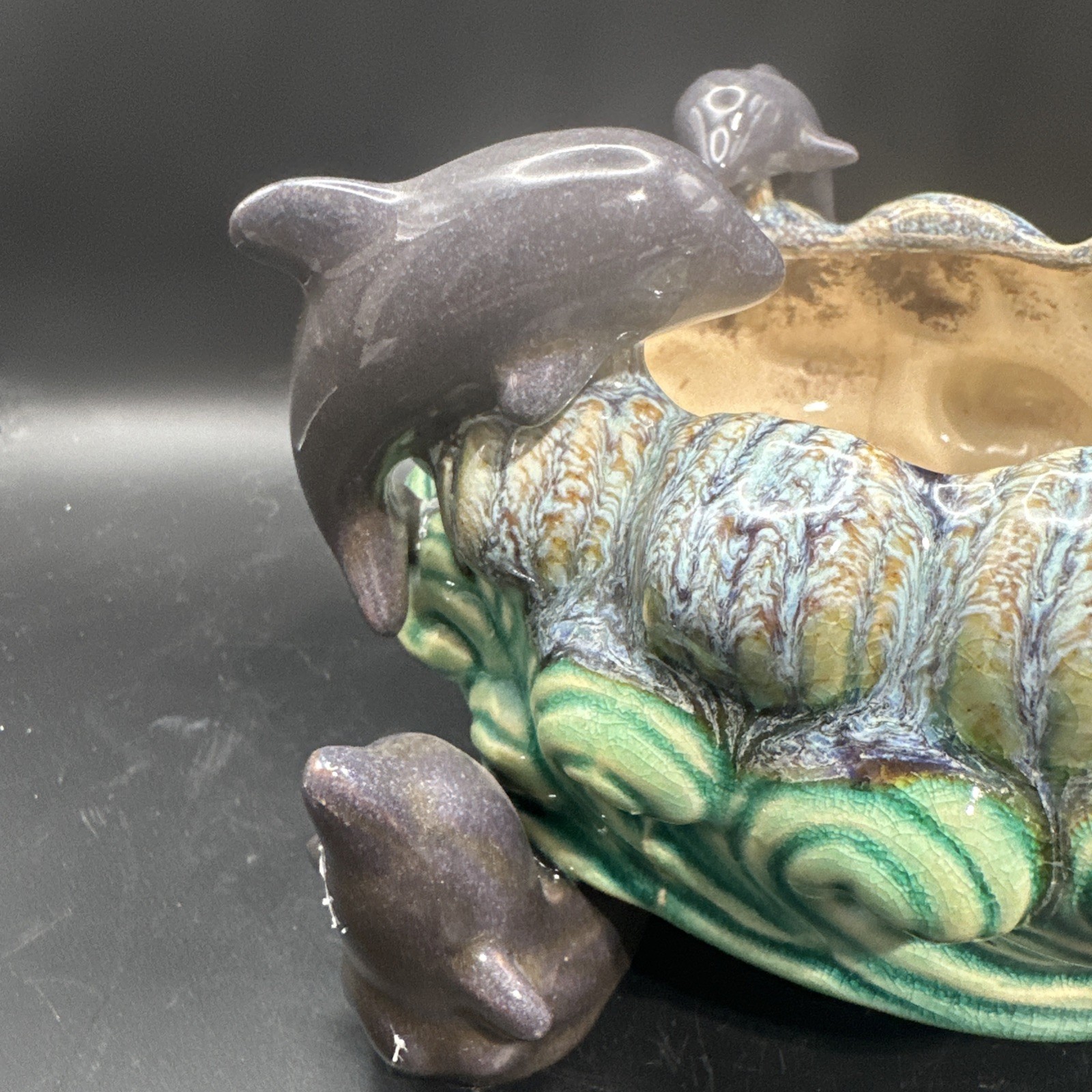 Majolica Pottery Dolphins Jumping On Waves Footed Planter 7×4.5 Inches